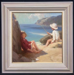 British 20th Century Impressionist Oil Painting Children Playing on Sandy Beach
