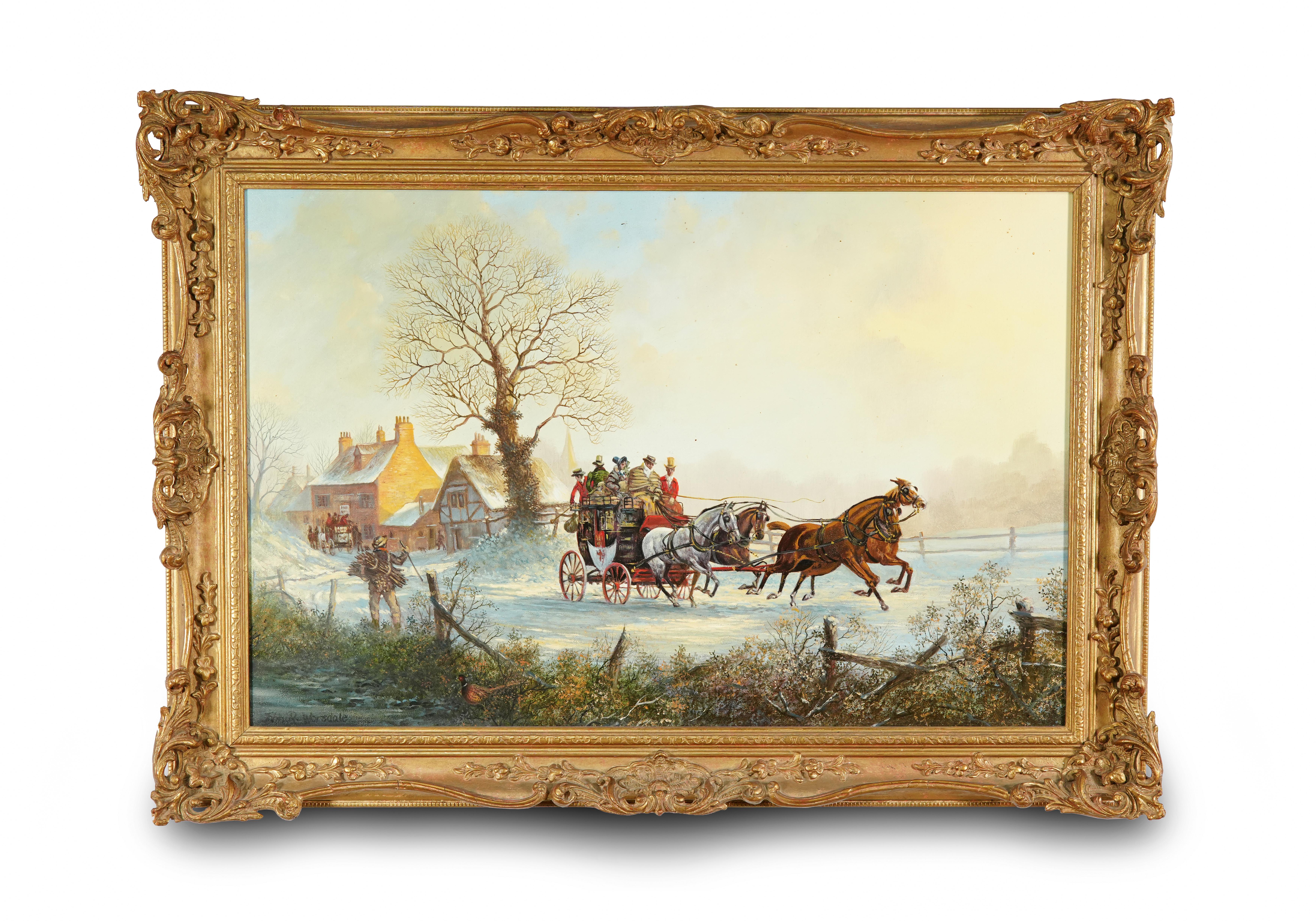 A fine antique oil painting of horses pulling a stagecoach in snow , by John richard Worsdale (1869-1947)
The artist portrays this powerful scene with an extensive view, featuring the stagecoach pulled by 4 horses 
and a village scene behind with