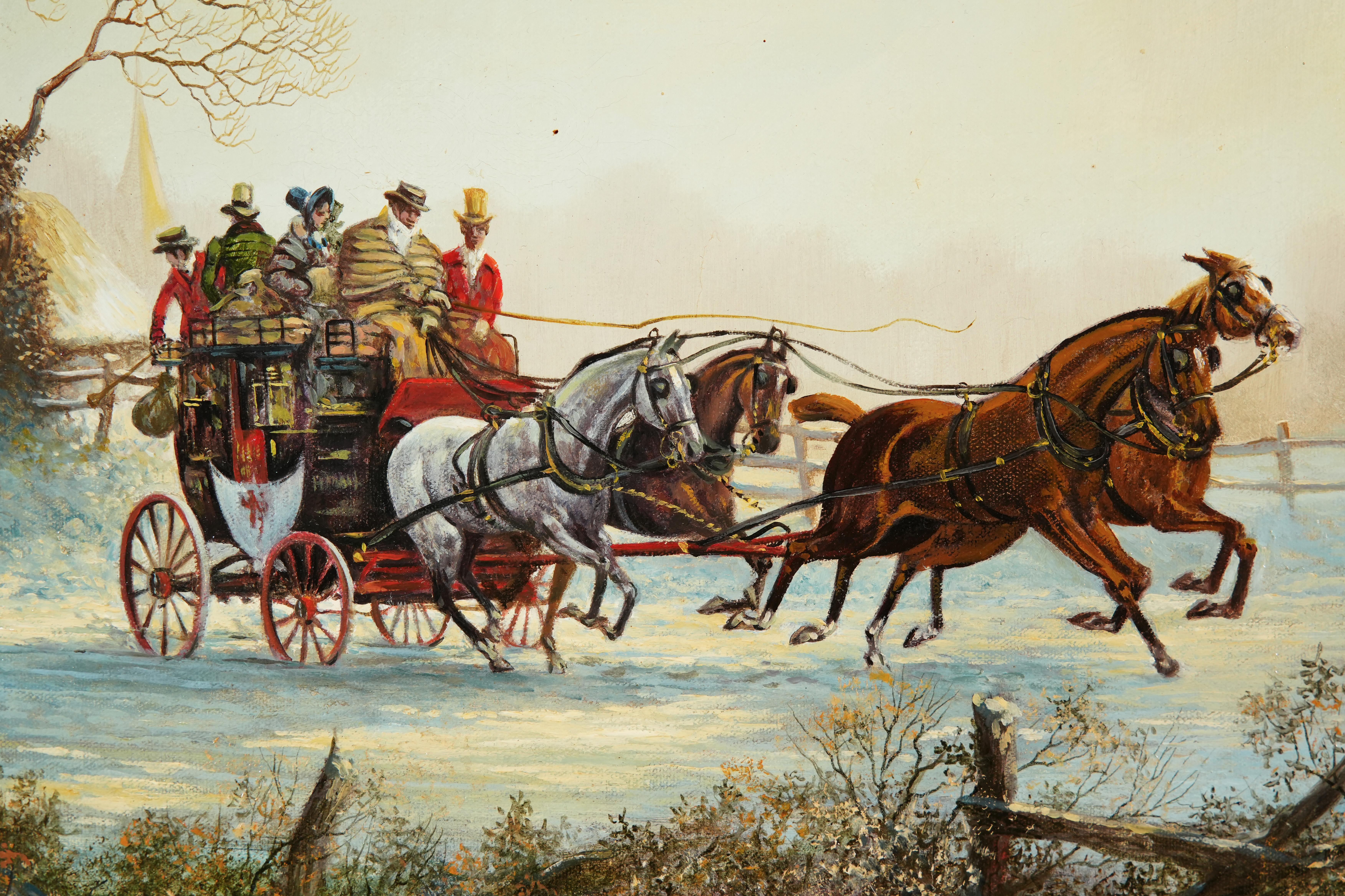 Escena de invierno/nieve con caballos y diligencia, pintura al óleo, por John Richard Worsdale en venta 3