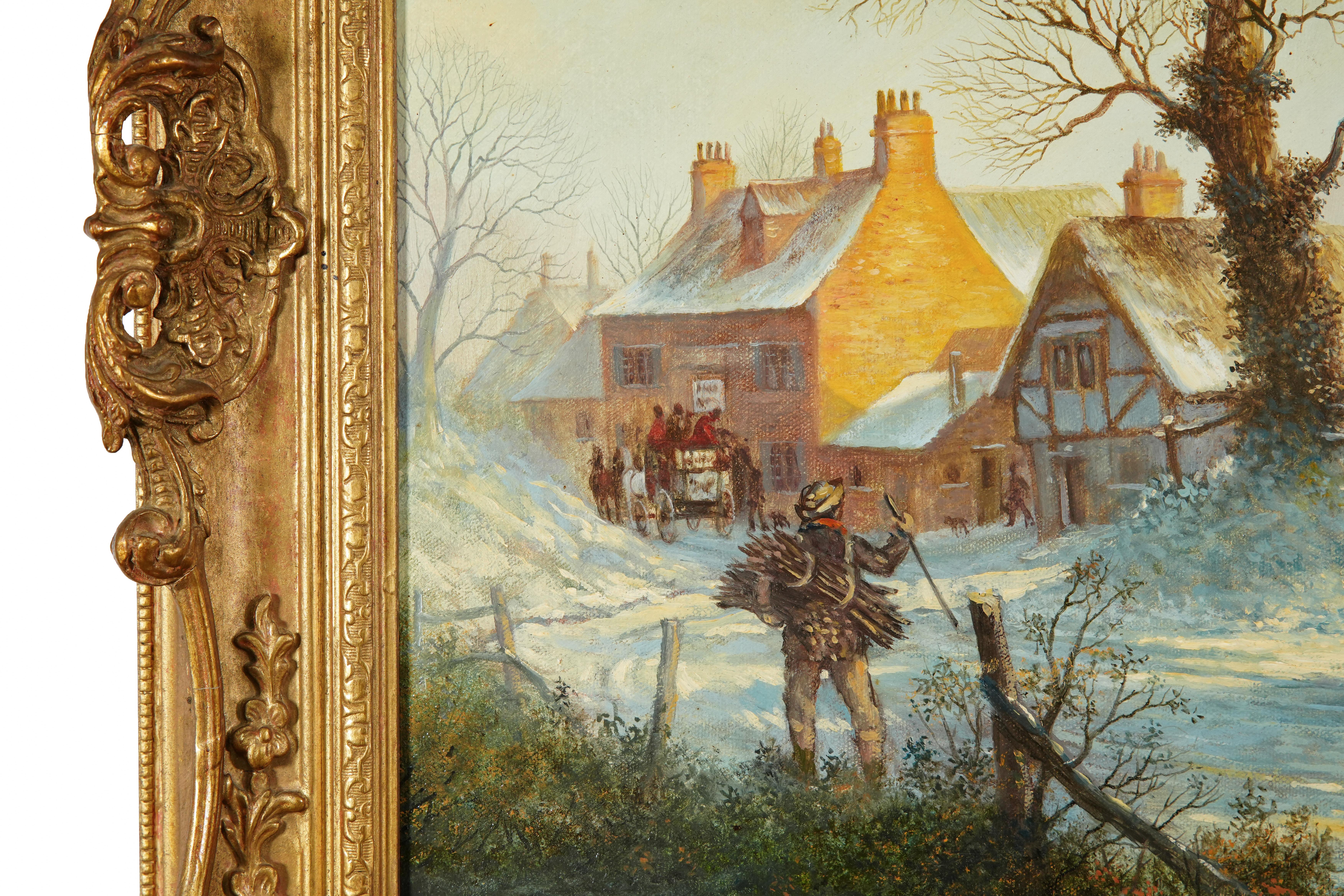 Chevaux et diligence, scène d'hiver/de neige, peinture à l'huile, par John Richard Worsdale en vente 4