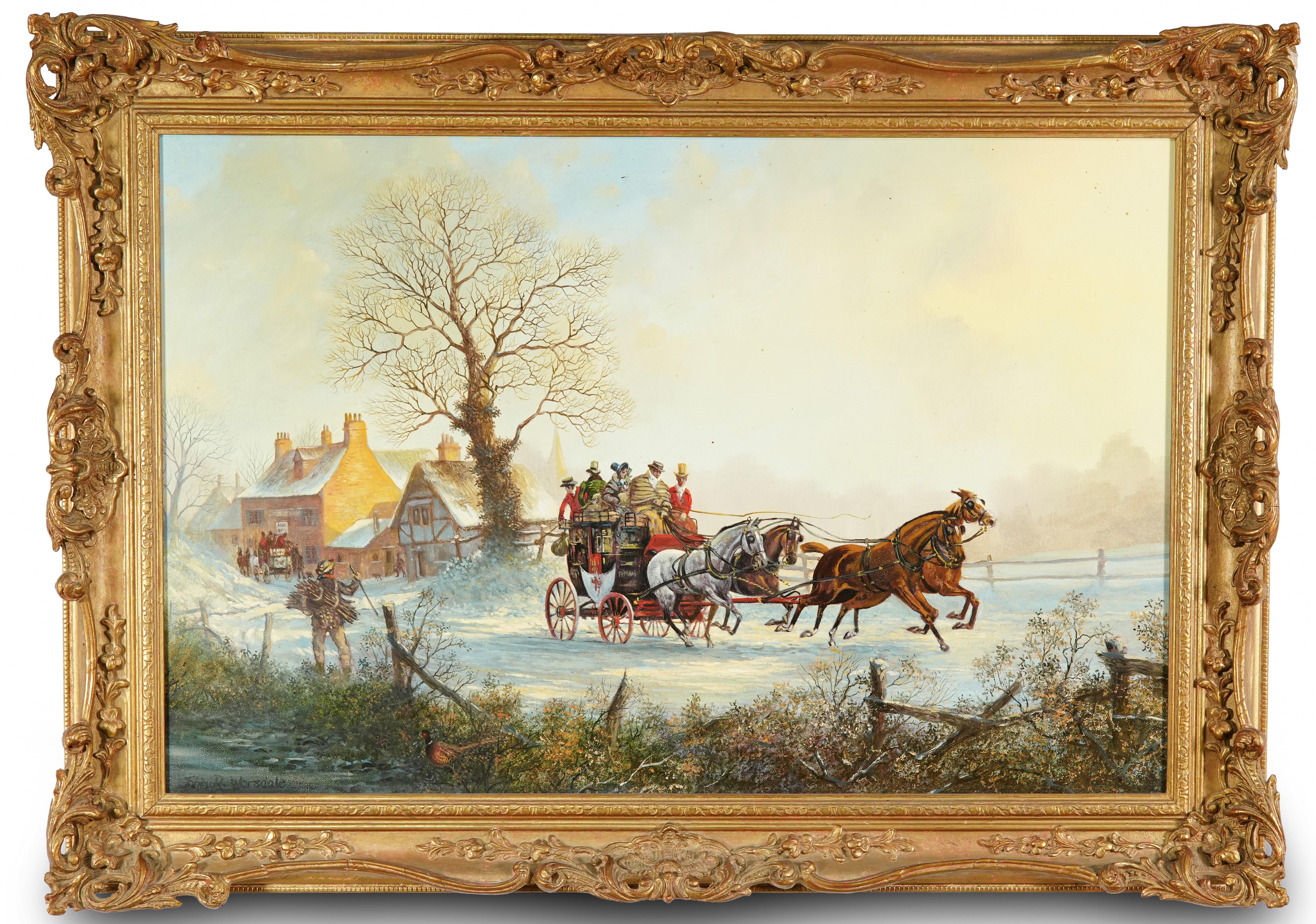 Chevaux et diligence, scène d'hiver/de neige, peinture à l'huile, par John Richard Worsdale en vente 7