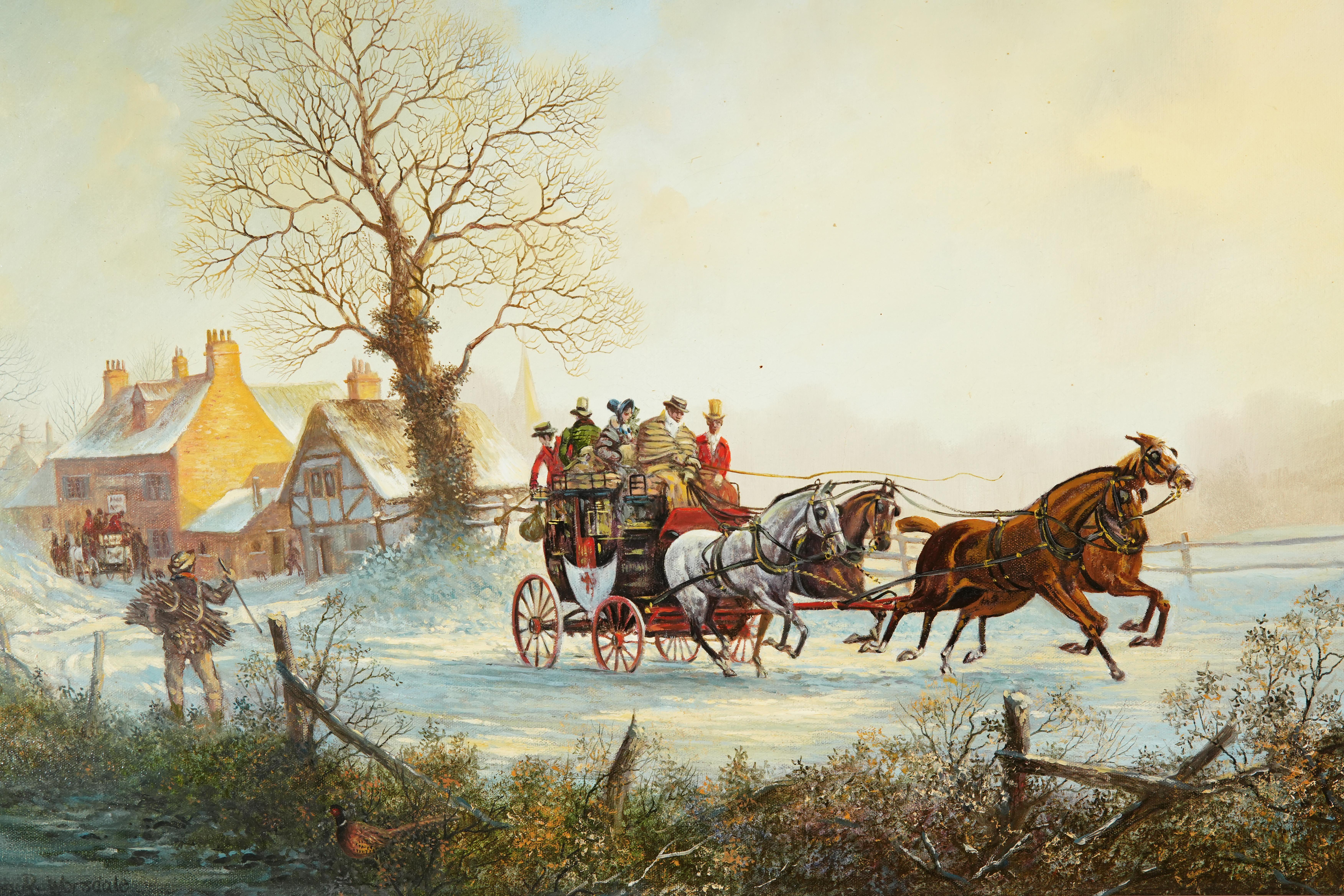 Belle peinture à l'huile ancienne représentant des chevaux tirant une diligence dans la neige, par John-Richard Worsdale (1869-1947).
L'artiste dépeint cette scène puissante avec une vue étendue, mettant en scène la diligence tirée par 4 chevaux 
et