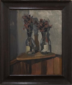 John Richardson - Framed 20th Century Oil, Red Iris in Glass Bottles