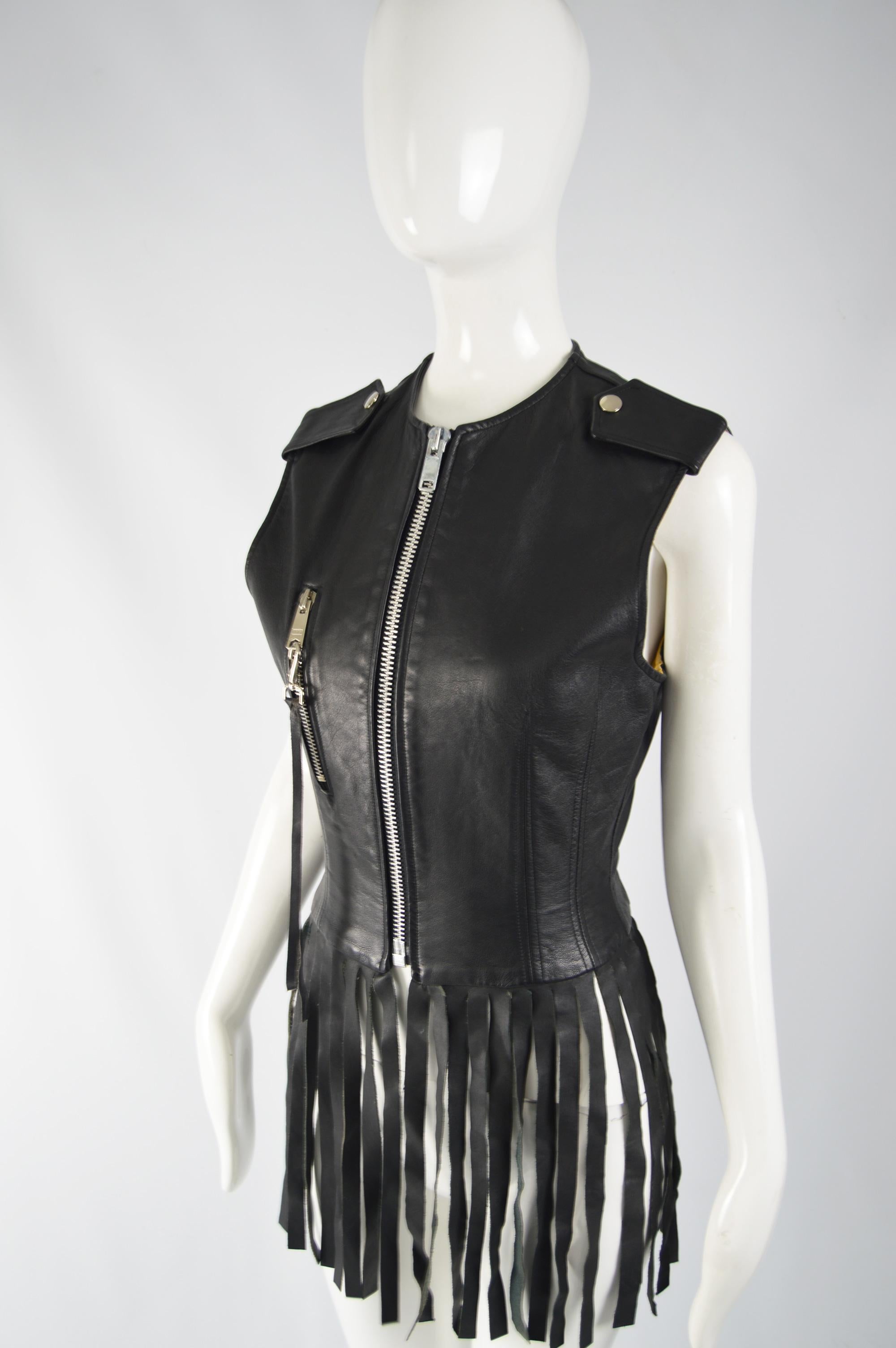 Black John Richmond 1980s Leather Fringe Vest Jacket For Sale