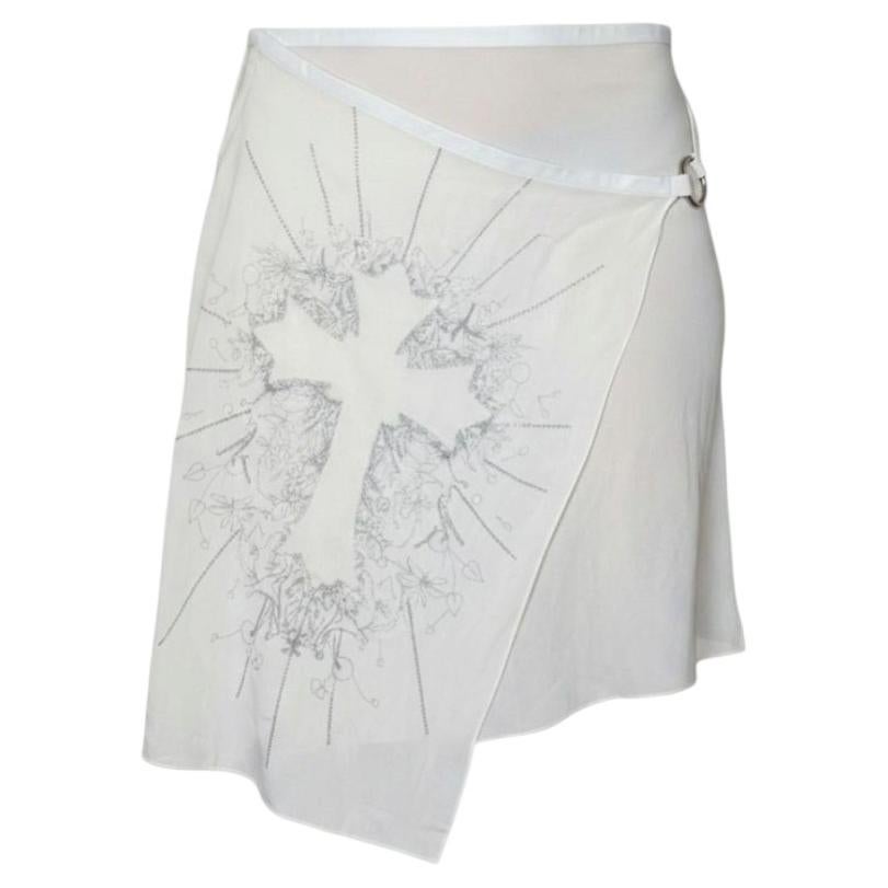 Jupe portefeuille en mousseline crème JOHN RICHMOND des années 2000 — Broderie baroque en forme de croix en vente