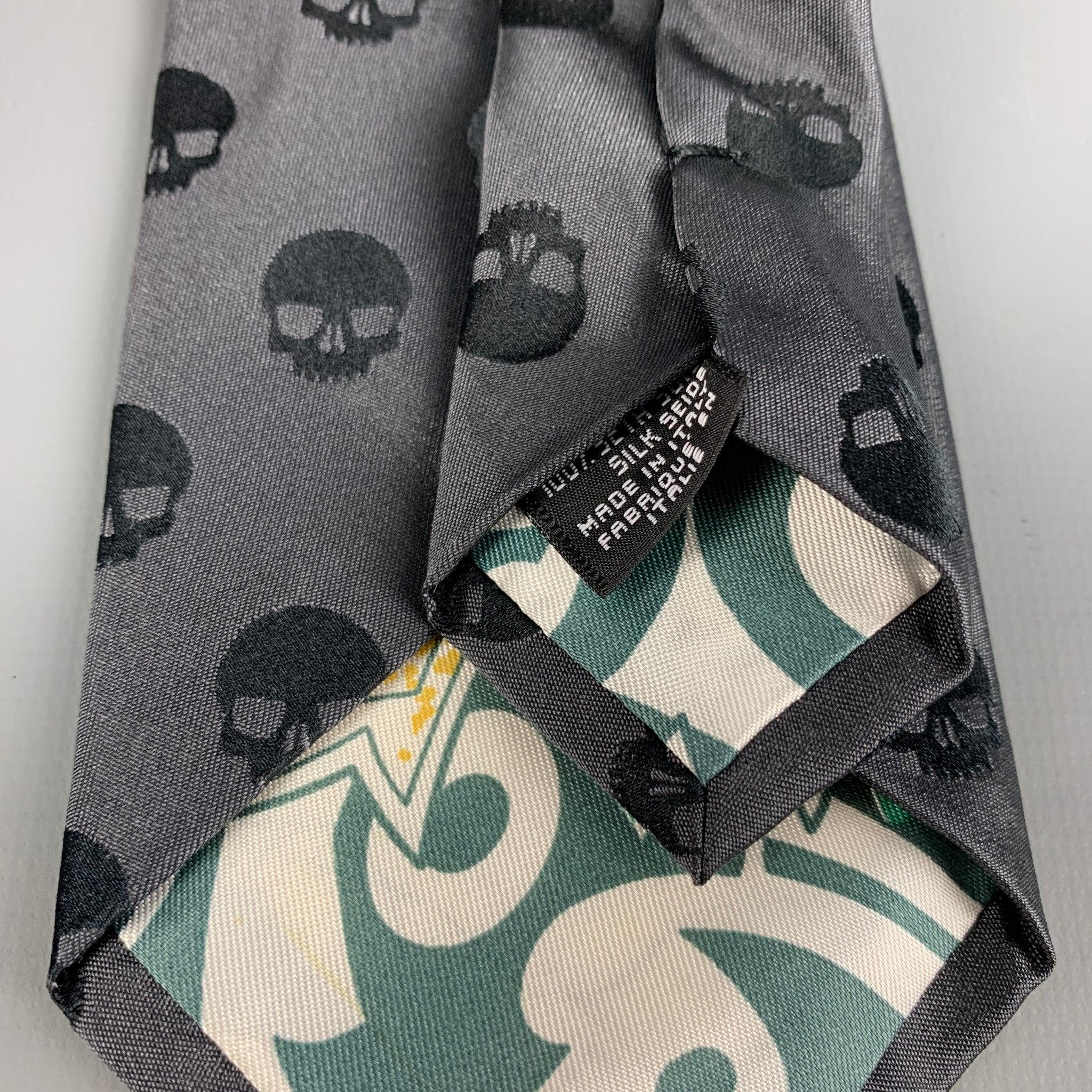 JOHN RICHMOND Charcoal Skull Silk Tie In Good Condition For Sale In San Francisco, CA