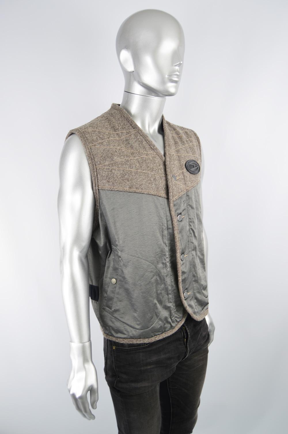 John Richmond Destroy Vintage Men's Brown Wool Tweed & Grey Satin Gilet Jacket In Excellent Condition In Doncaster, South Yorkshire