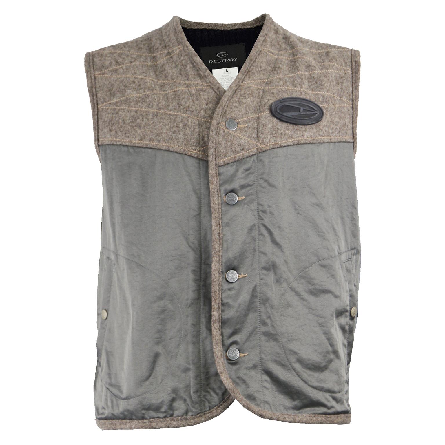 John Richmond Destroy Vintage Men's Brown Wool Tweed & Grey Satin Gilet Jacket