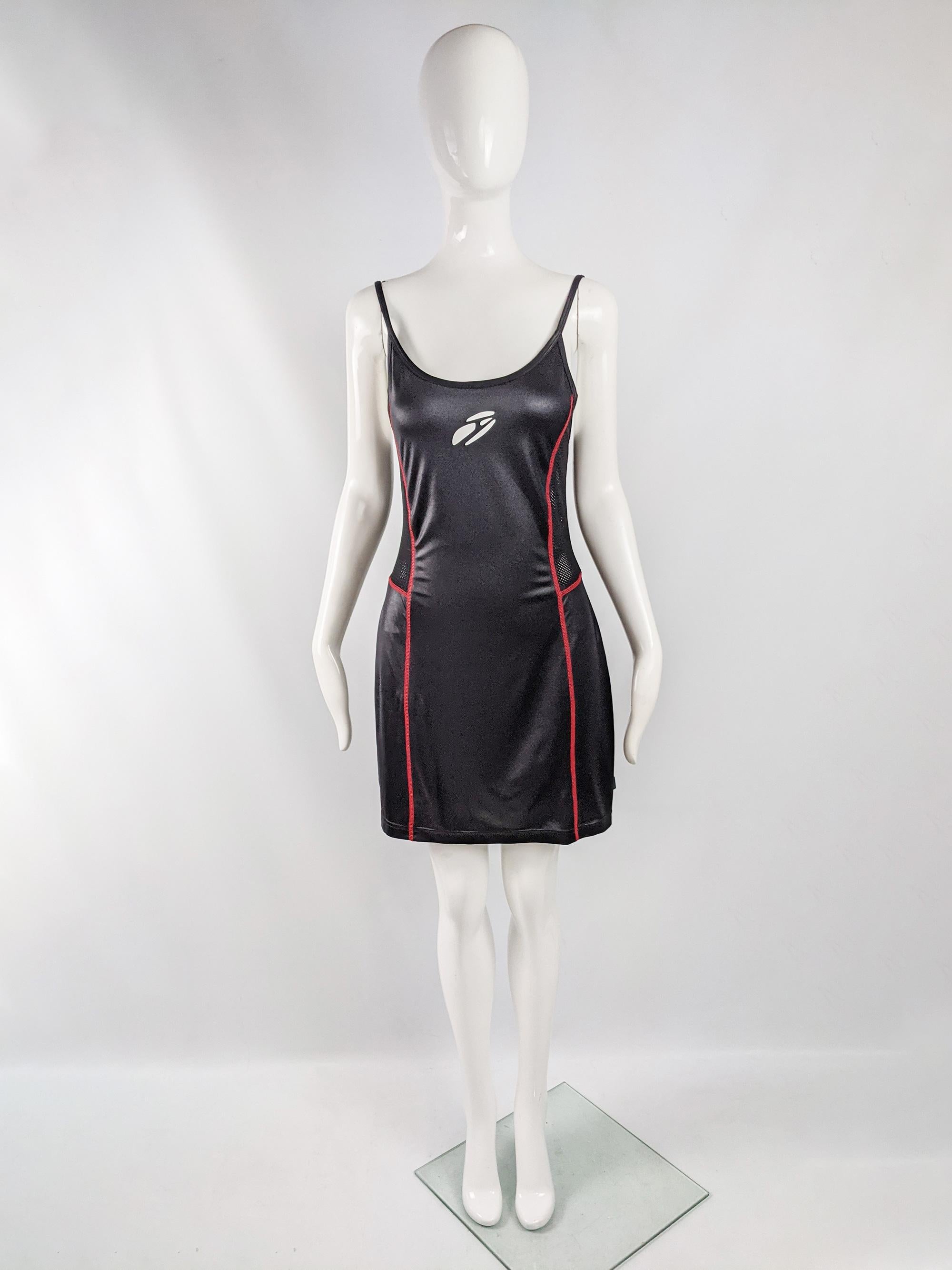 A sexy vintage John Richmond Destroy sleeveless dress from the 90s in a black stretchy jersey fabric with mesh side panels and red flatlock stitching, adding a sporty touch. 

Size: Marked vintage L but measures like a modern Medium. Please check