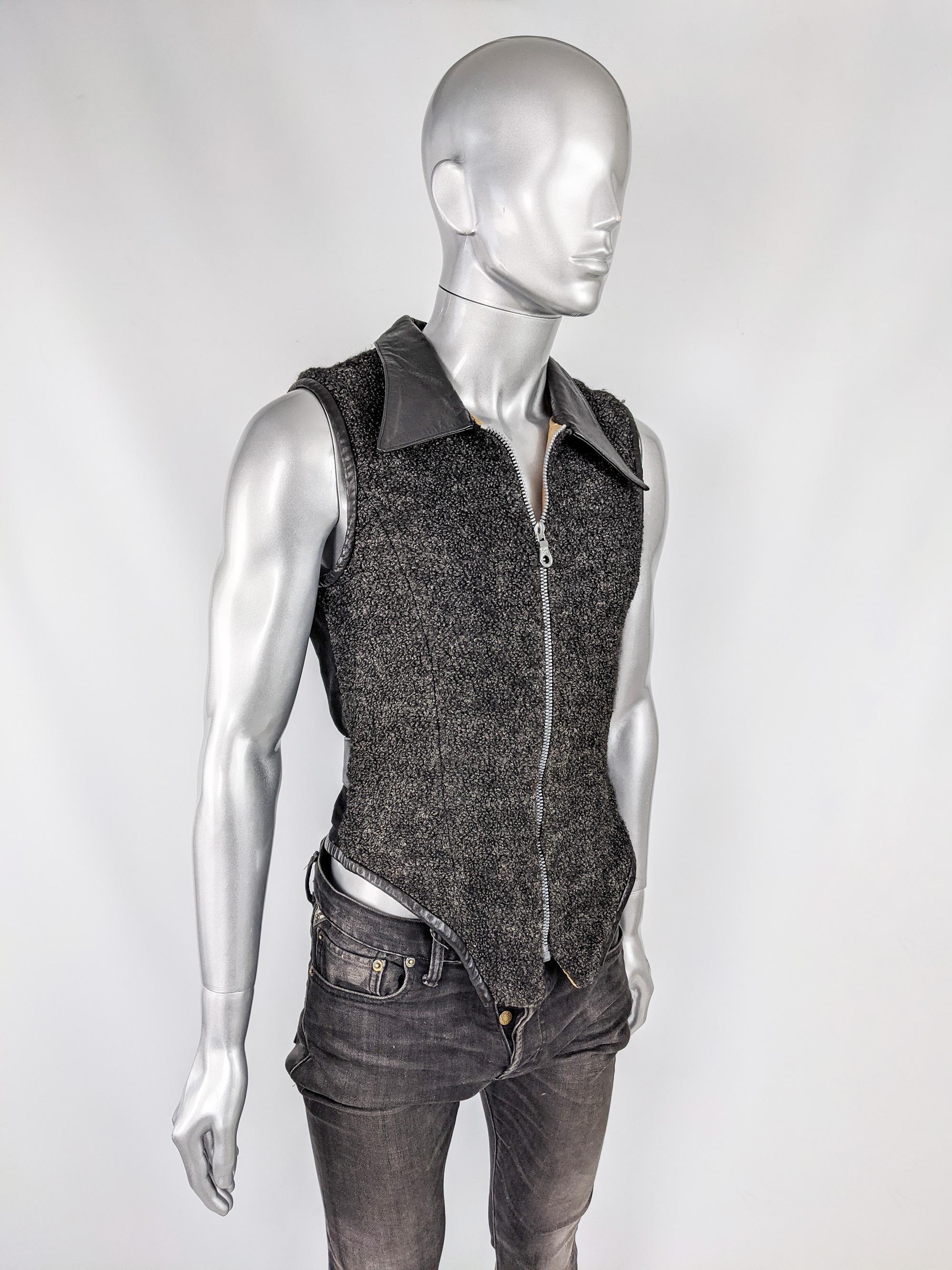 John Richmond Mens Vintage Wool Bouclé and Black Leather Vest Jacket In Good Condition In Doncaster, South Yorkshire