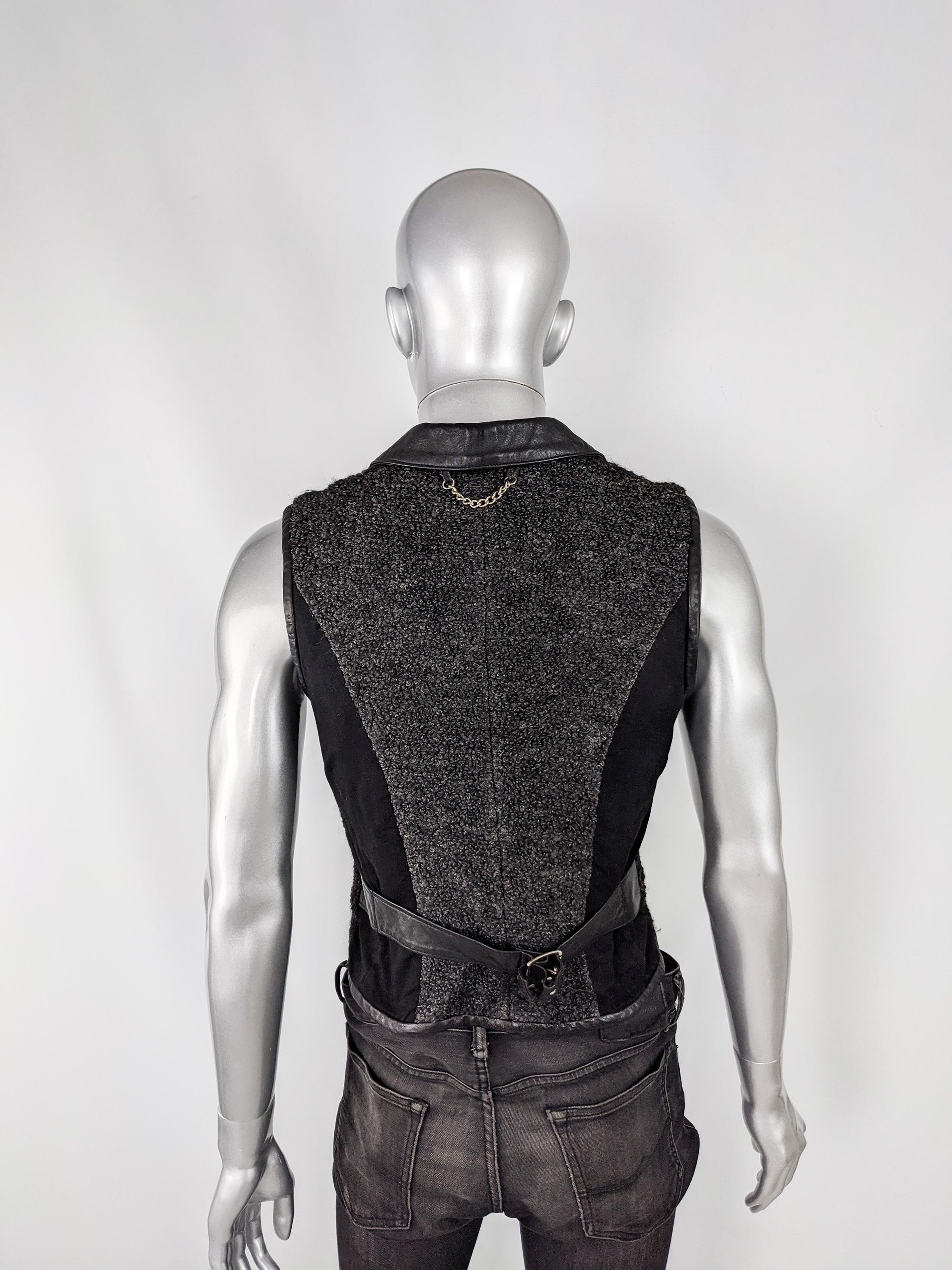 John Richmond Mens Vintage Wool Bouclé and Black Leather Vest Jacket 1