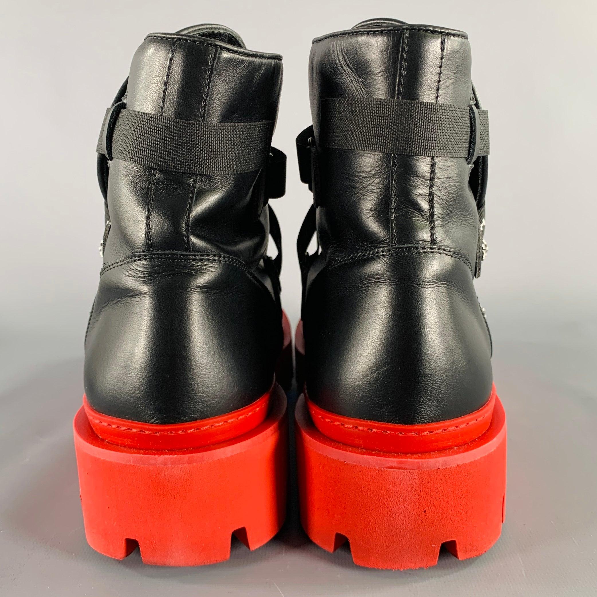 JOHN RICHMOND Size 13 Black Red Solid Leather Track Sole Boots In Good Condition For Sale In San Francisco, CA