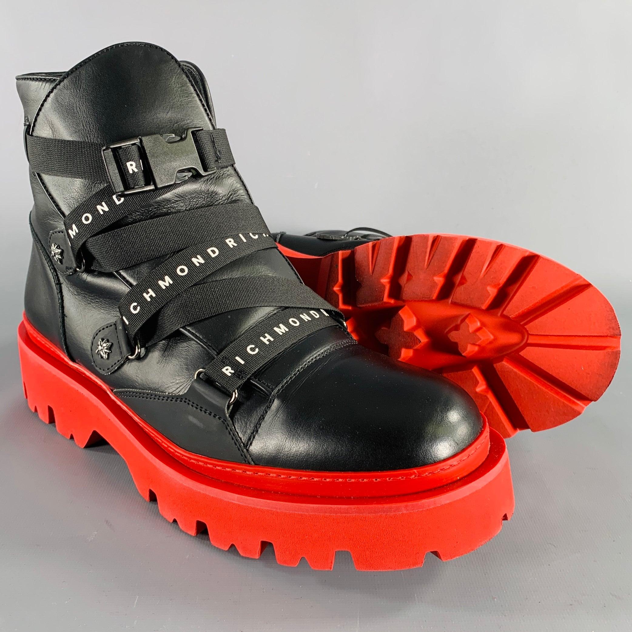 JOHN RICHMOND Size 13 Black Red Solid Leather Track Sole Boots For Sale 1
