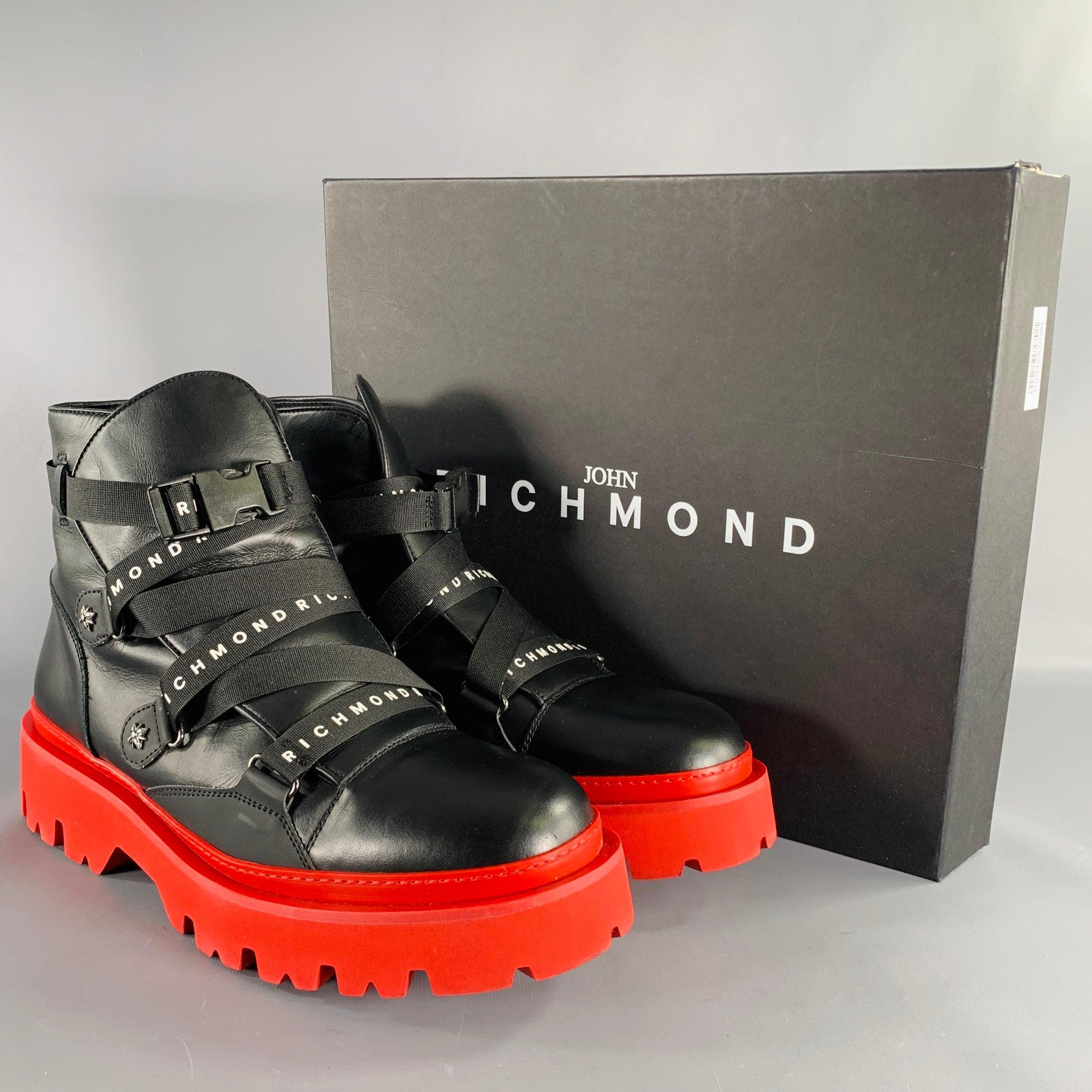 JOHN RICHMOND Size 13 Black Red Solid Leather Track Sole Boots For Sale 5
