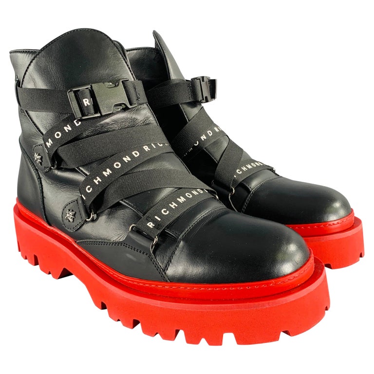 JOHN RICHMOND Size 13 Black Red Solid Leather Track Sole  display picture 1