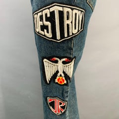 JOHN RICHMOND Taglia 27 Jeans a zampa svasati in denim twill indaco, nero e rosso con toppe