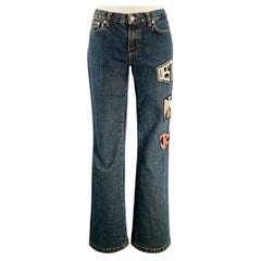 JOHN RICHMOND Taglia 27 Jeans a zampa svasati in denim twill indaco, nero e rosso con toppe