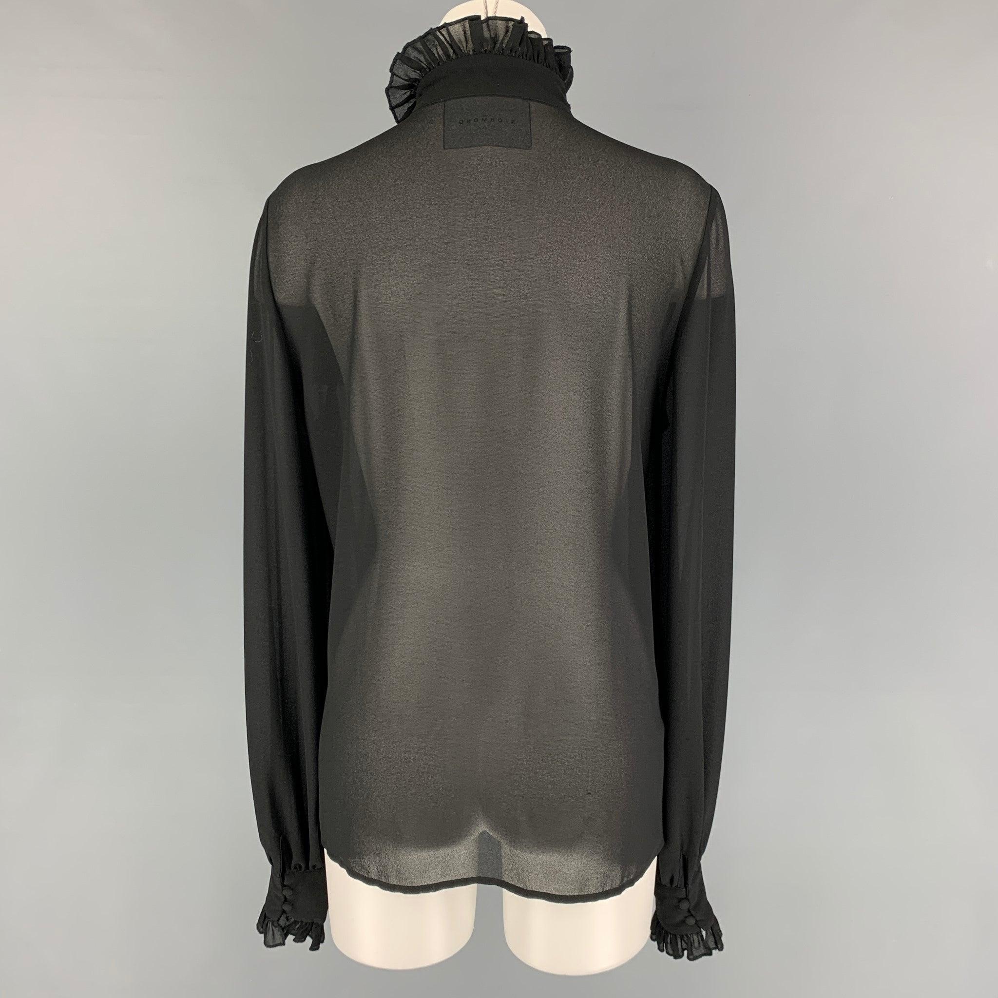 JOHN RICHMOND Size 6 Black Polyester Ruffled High Collar Blouse In Excellent Condition For Sale In San Francisco, CA