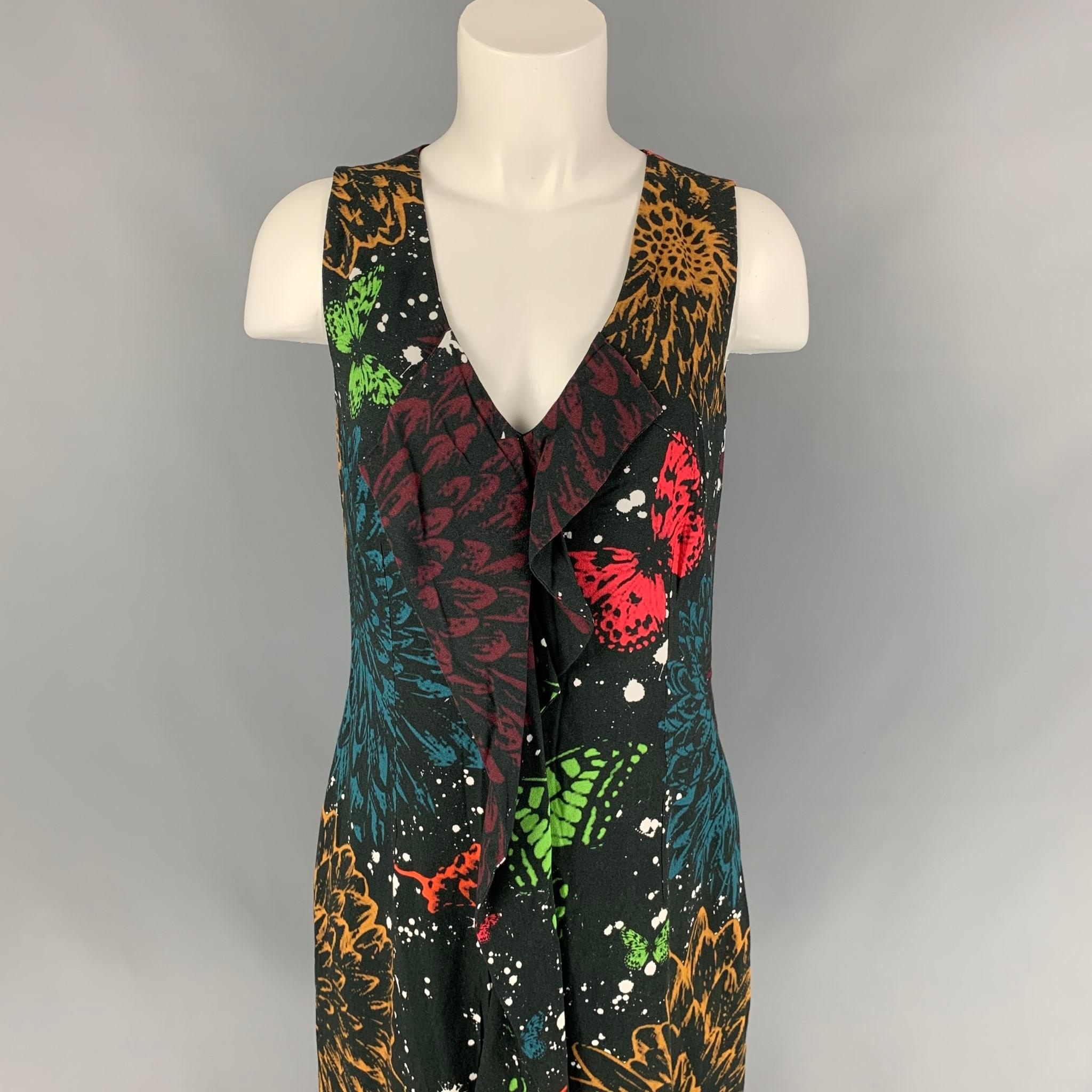 JOHN RICHMOND dress comes in a multi-color print viscose with a slip liner featuring a shift style, front ruffle detail, and a back zip up closure. 

New With Tags. 
Marked: 42
Original Retail Price: $590.00

Measurements:

Bust: 34 in.
Waist: 32