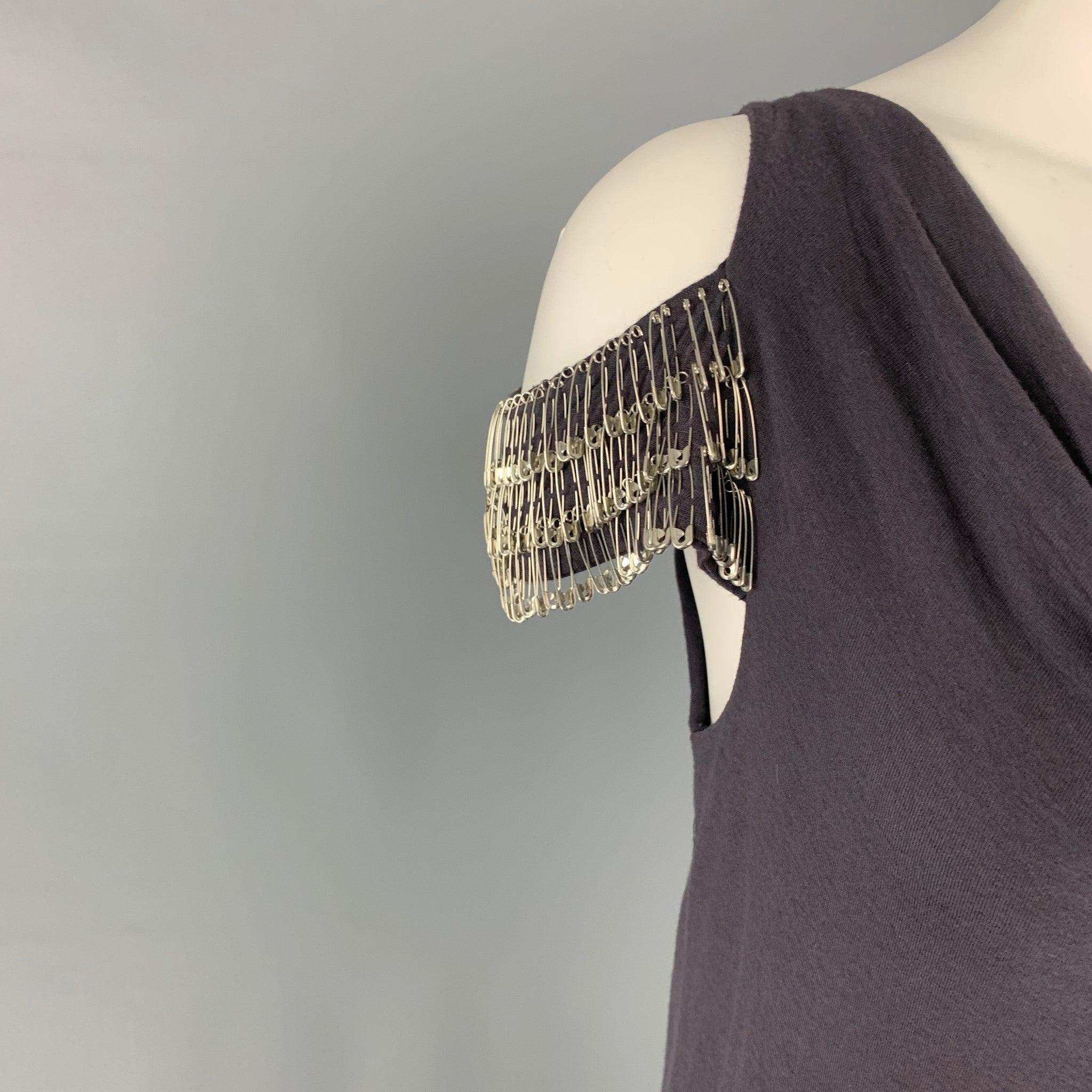 JOHN RICHMOND tank dress comes in a purple rayon wool featuring a sleeveless design, scoop neckline, and silver tone safety pin details. Excellent
Pre-Owned Condition. 

Marked:   42 

Measurements: 
  Bust: 35 inches Hip: 33 inches Length: 31