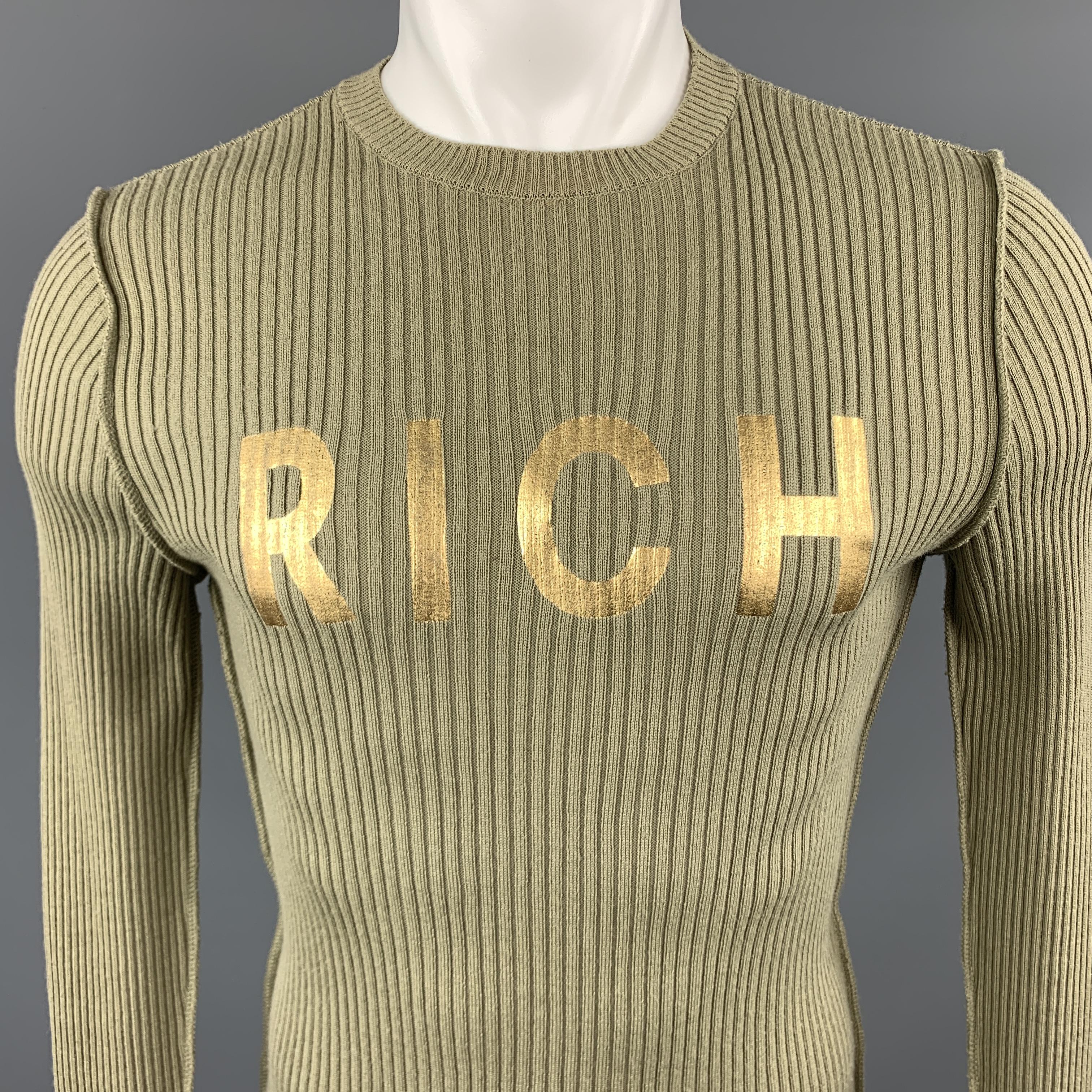 JOHN RICHMOND - RICHMOND DENIM Pullover Sweater comes in an olive tone in a ribbed knit wool blend material, with a crewneck, a 