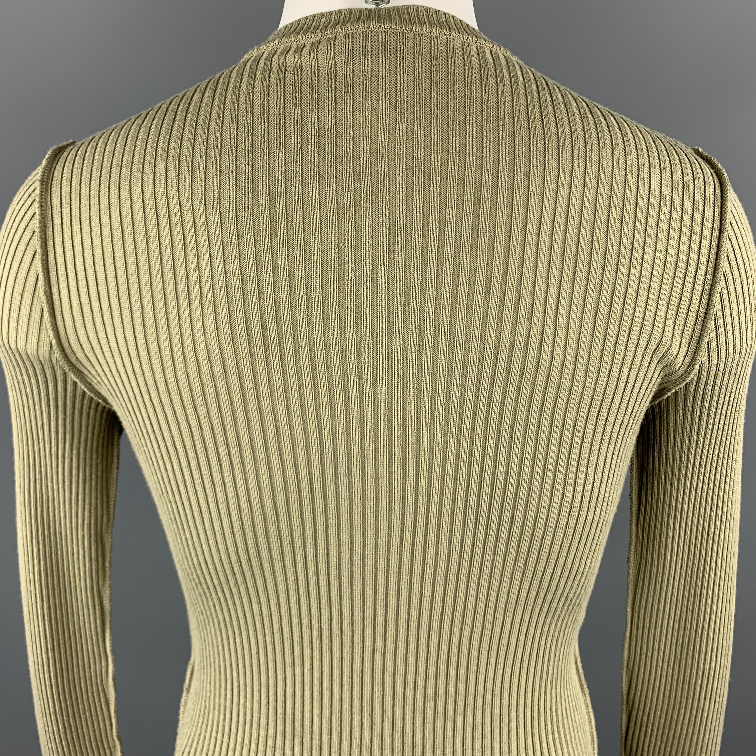 Brown JOHN RICHMOND Size S Olive Ribbed Knit Gold Graphic Wool Blend Crew-Neck Pullove