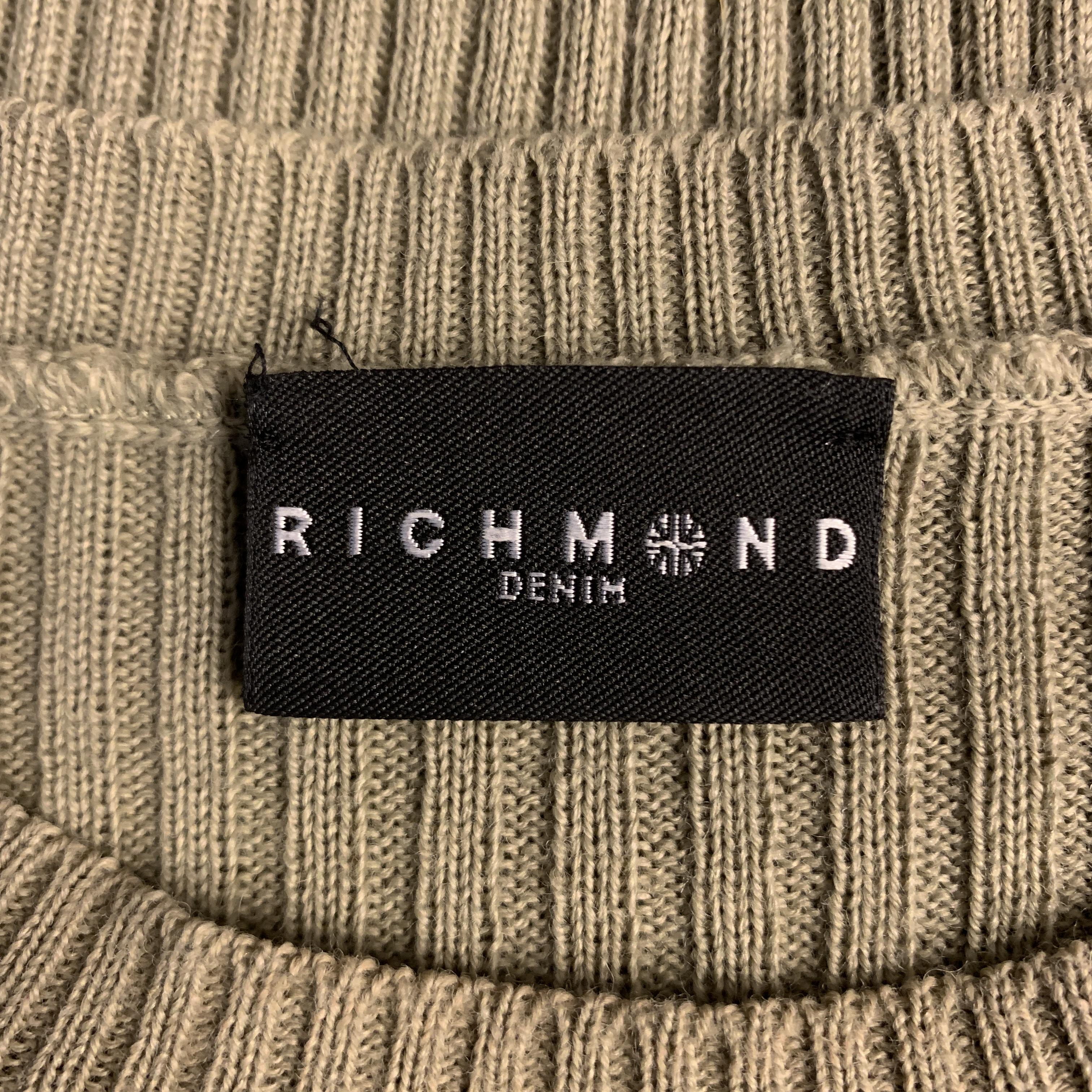 JOHN RICHMOND Size S Olive Ribbed Knit Gold Graphic Wool Blend Crew-Neck Pullove 1