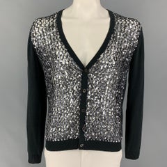 JOHN RICHMOND Size XL Black Silver Sequined Cotton / PVC Buttoned Cardigan