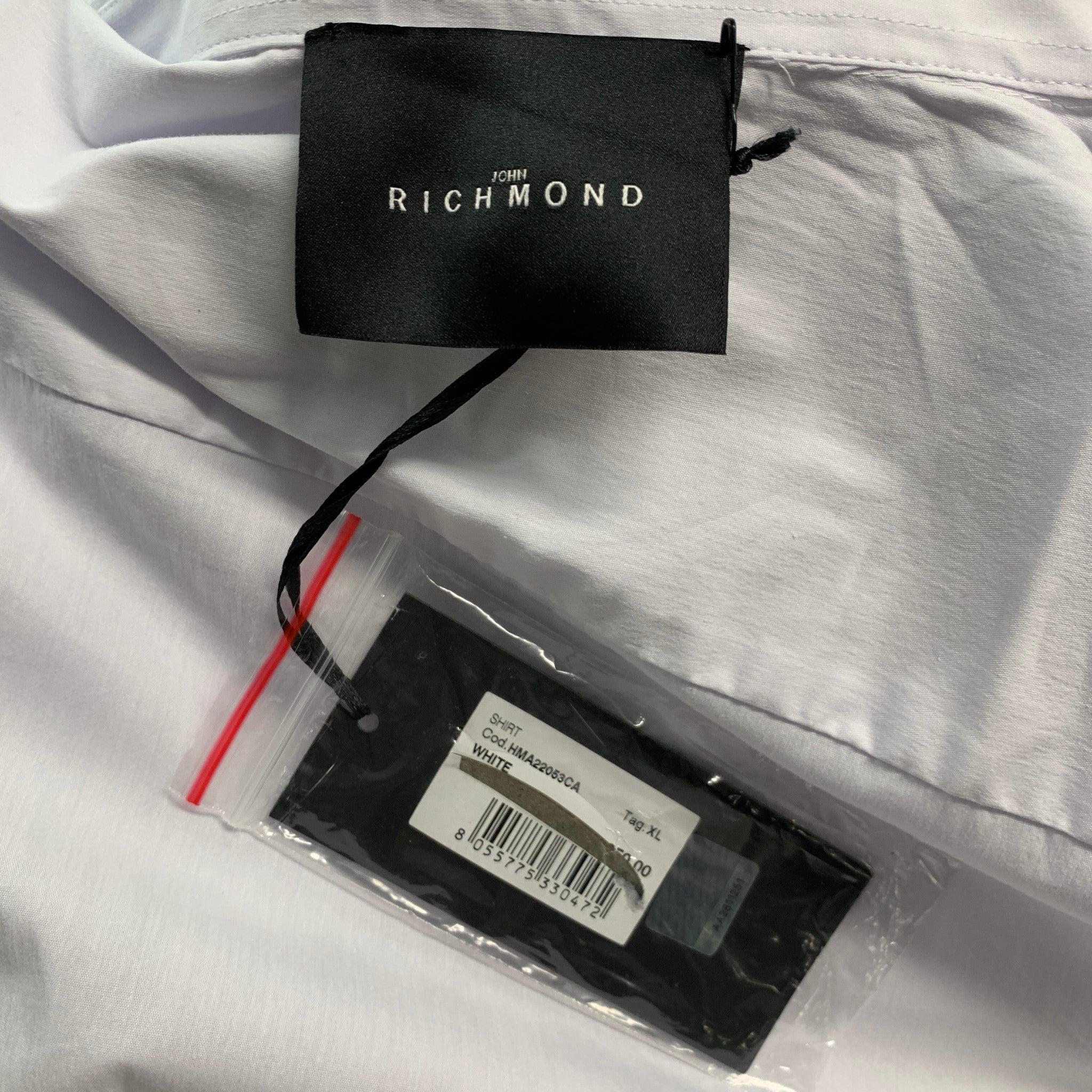 JOHN RICHMOND Size XL White Solid Cotton Blend Button Up Long Sleeve Shirt For Sale 1