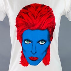Maglietta JOHN RICHMOND taglia XS, bianca, in misto cotone, con stampa multicolore di David Bowie