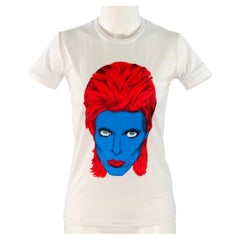 Maglietta JOHN RICHMOND taglia XS, bianca, in misto cotone, con stampa multicolore di David Bowie