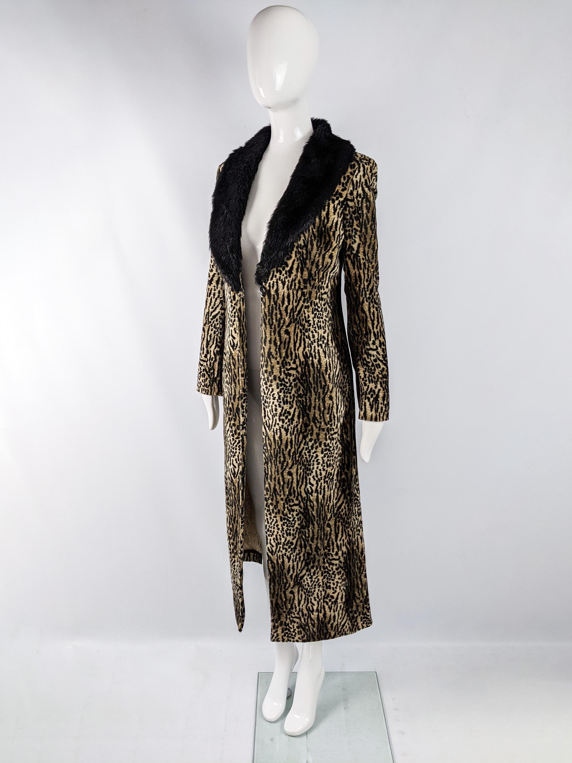 Black John Richmond Vintage Animal Print Maxi Coat with Faux Fur Collar, 2000s For Sale