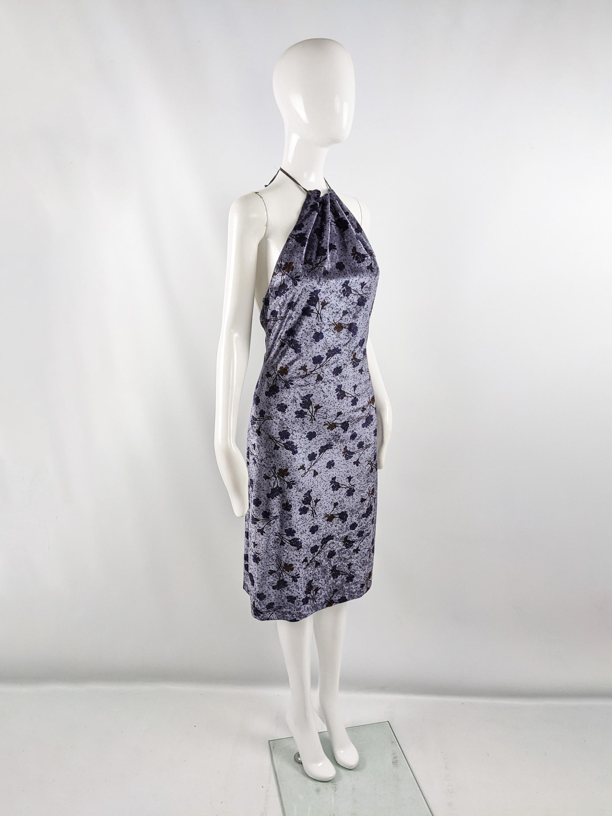 John Richmond Vintage Purplish Grey Velvet Floral Print y2k Party Dress In Good Condition In Doncaster, South Yorkshire