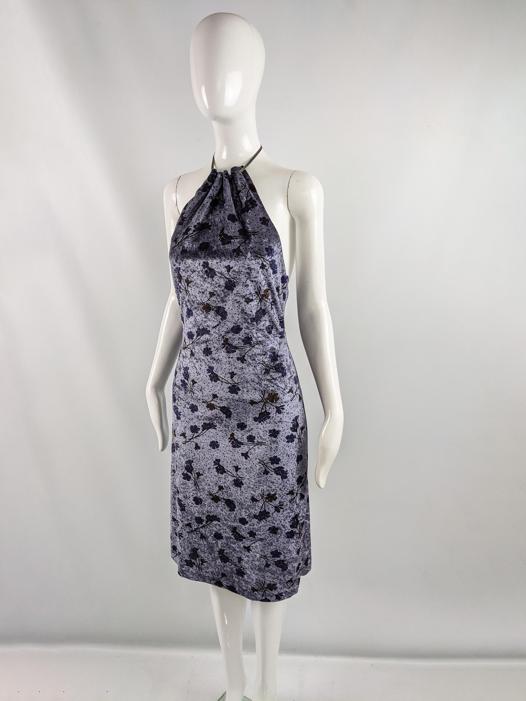 John Richmond Vintage Purplish Grey Velvet Floral Print y2k Party Dress 1