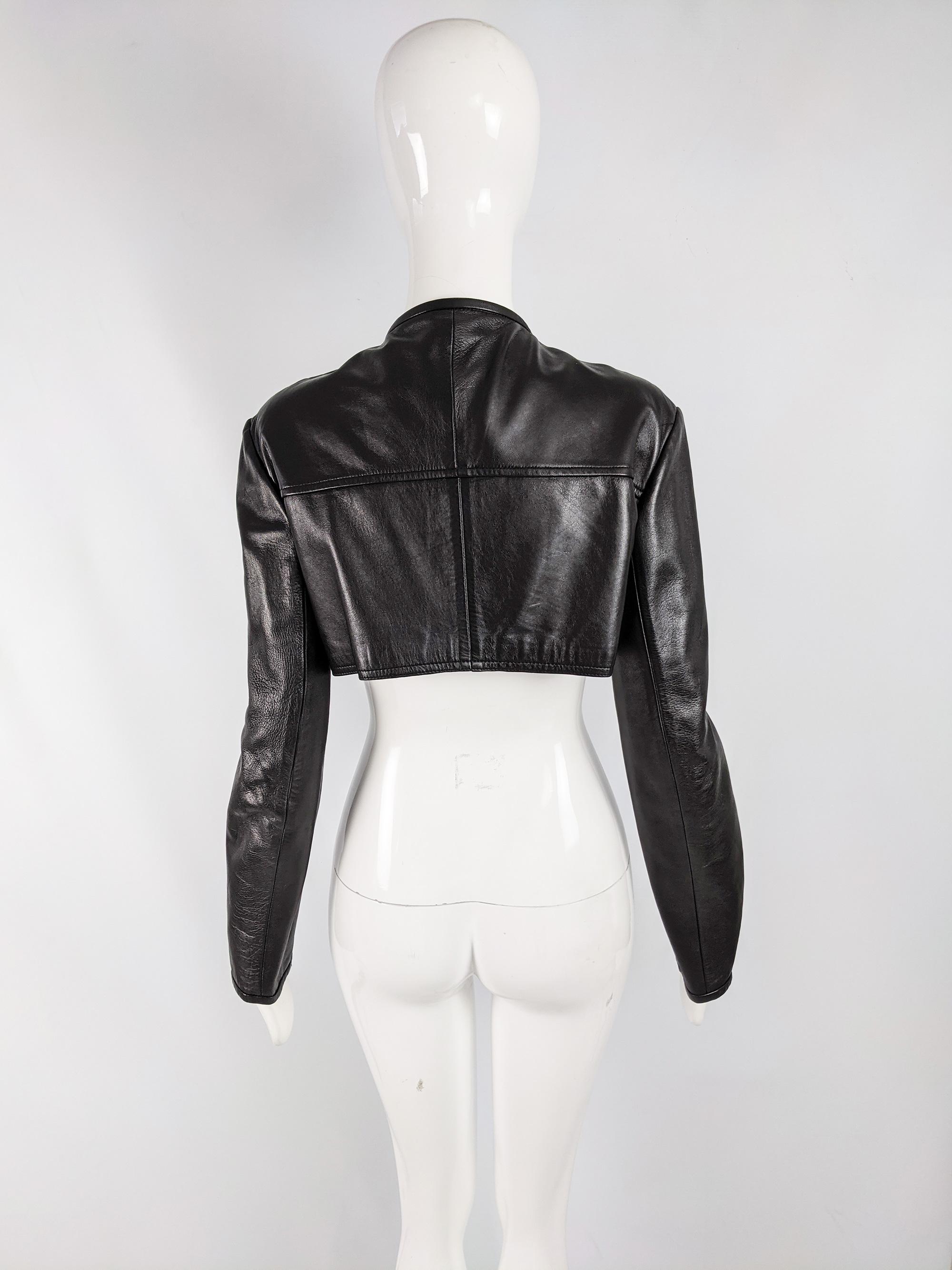 John Richmond Vintage Womens Black Leather Chain Detail Crop Jacket In Good Condition In Doncaster, South Yorkshire