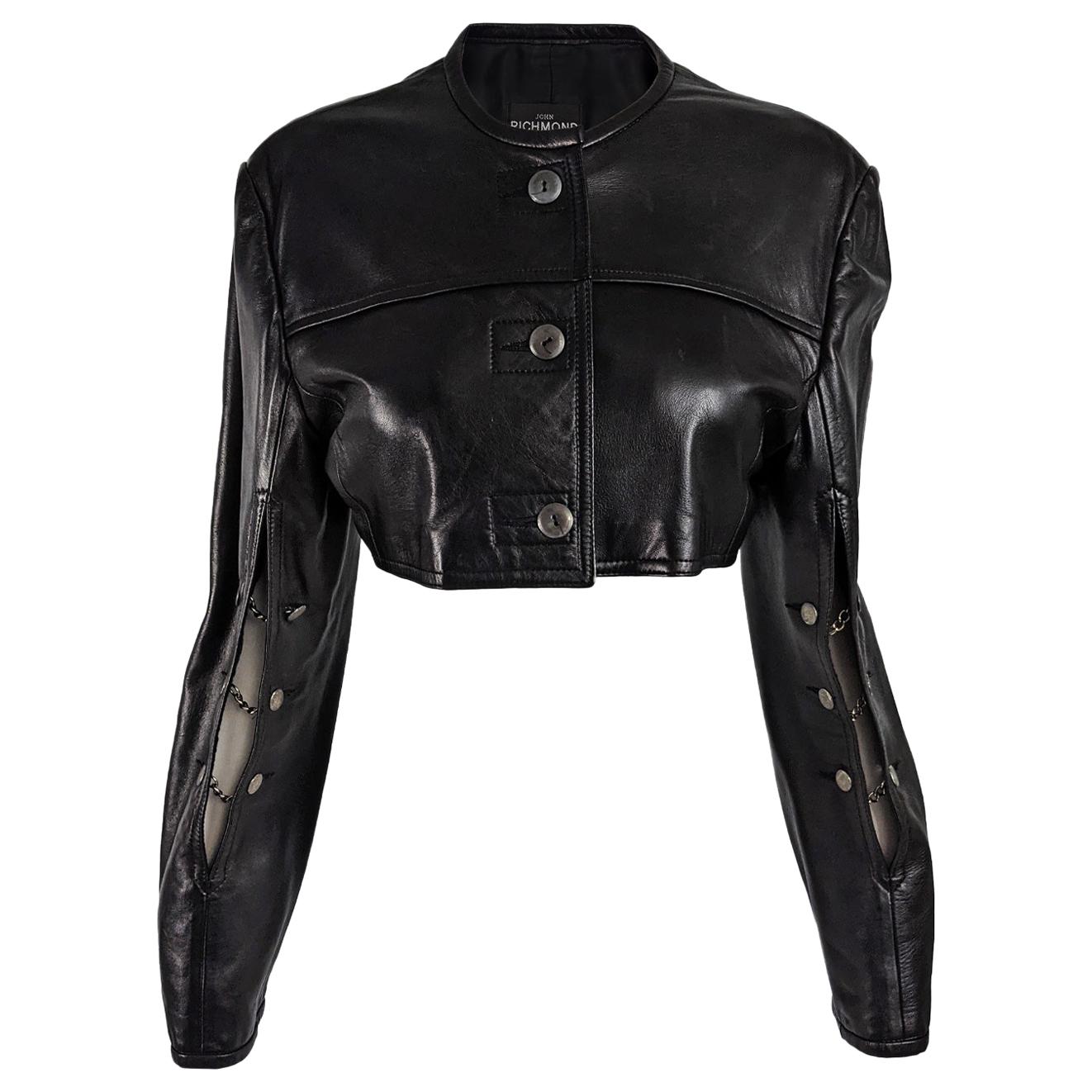 John Richmond Vintage Womens Black Leather Chain Detail Crop Jacket
