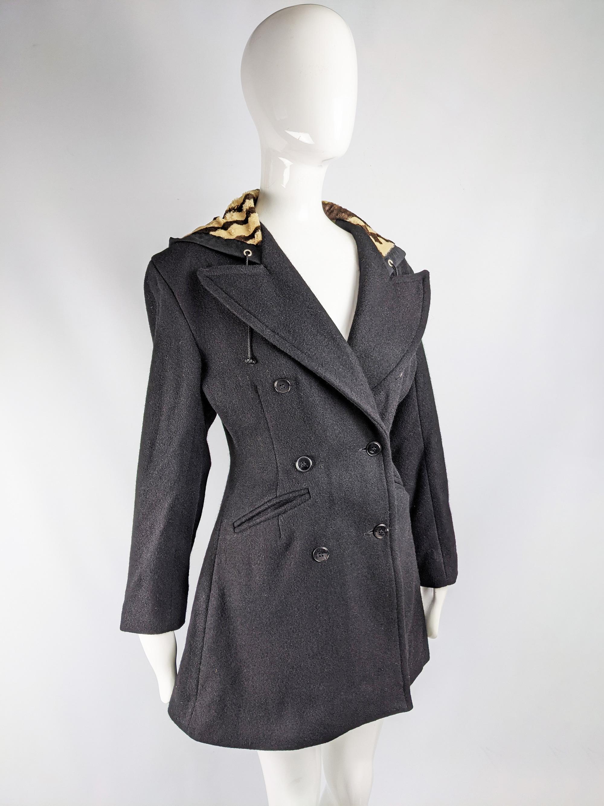John Richmond Vintage Womens Hourglass Nipped Waist Black Wool Faux Fur Coat For Sale 2