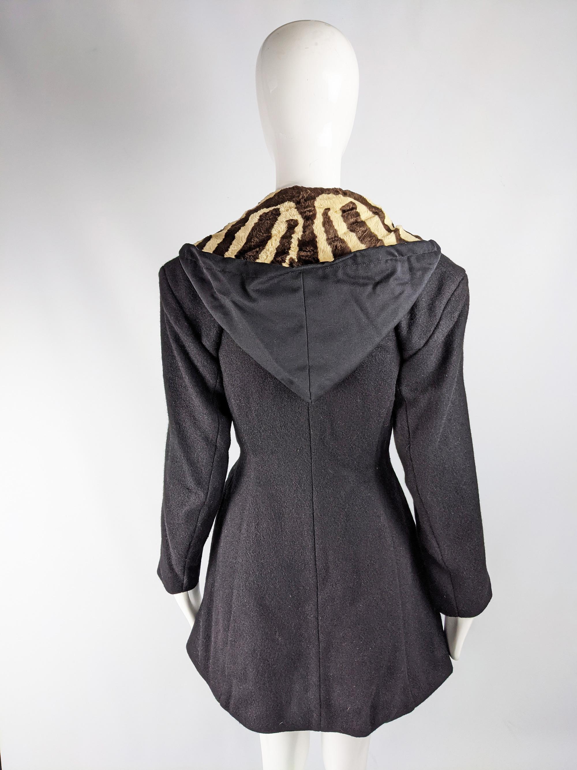 John Richmond Vintage Womens Hourglass Nipped Waist Black Wool Faux Fur Coat For Sale 3