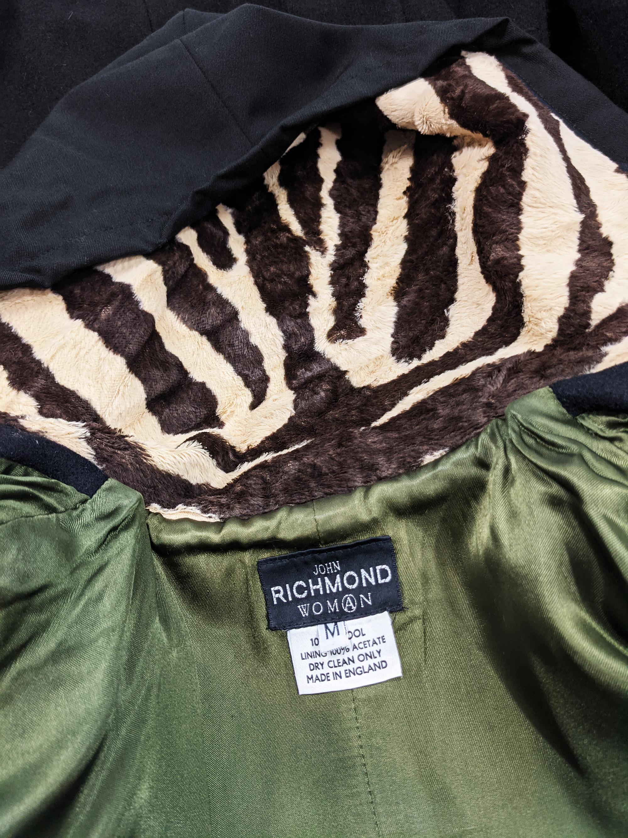 John Richmond Vintage Womens Hourglass Nipped Waist Black Wool Faux Fur Coat For Sale 4
