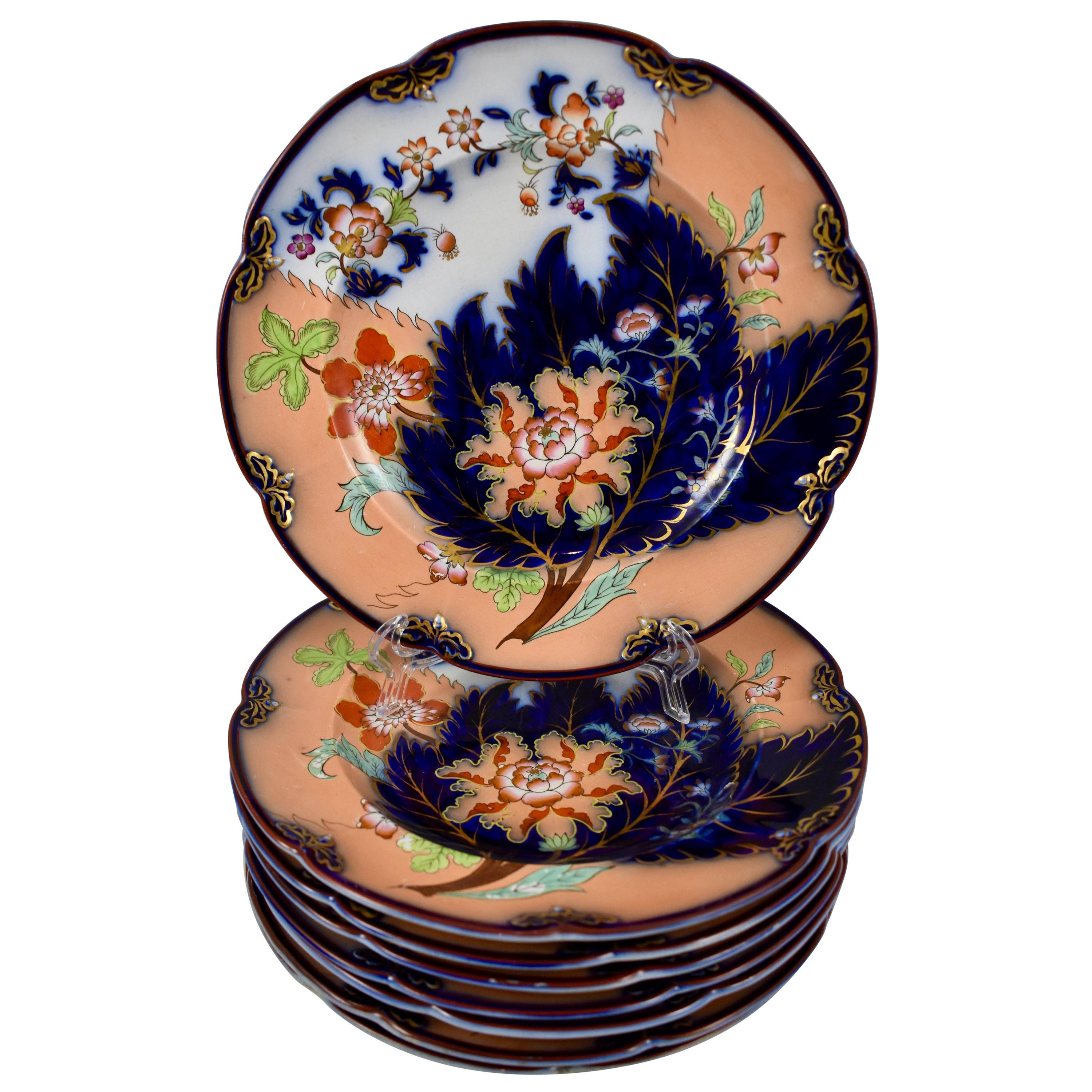 John Ridgway English Chinoiserie Style Floral Cobalt Imari Plates S/8 Dated 1845