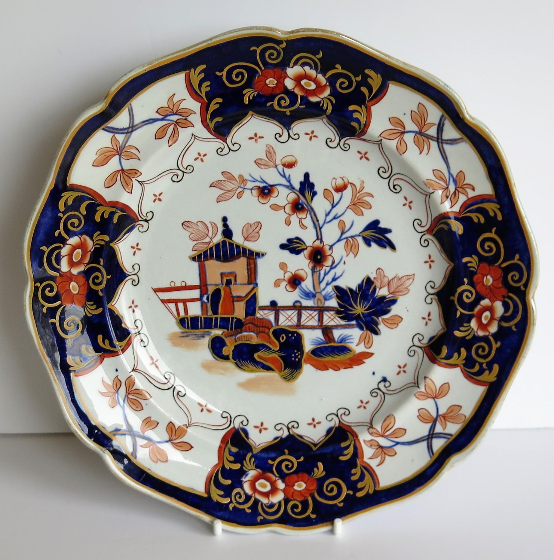 This is a highly decorative, Imperial Stone China (ironstone), plate by John Ridgway, dating to the William IVth or early Victorian period of the 19th century, circa 1840.

The plate has been carefully hand painted in bold colorful enamels with a