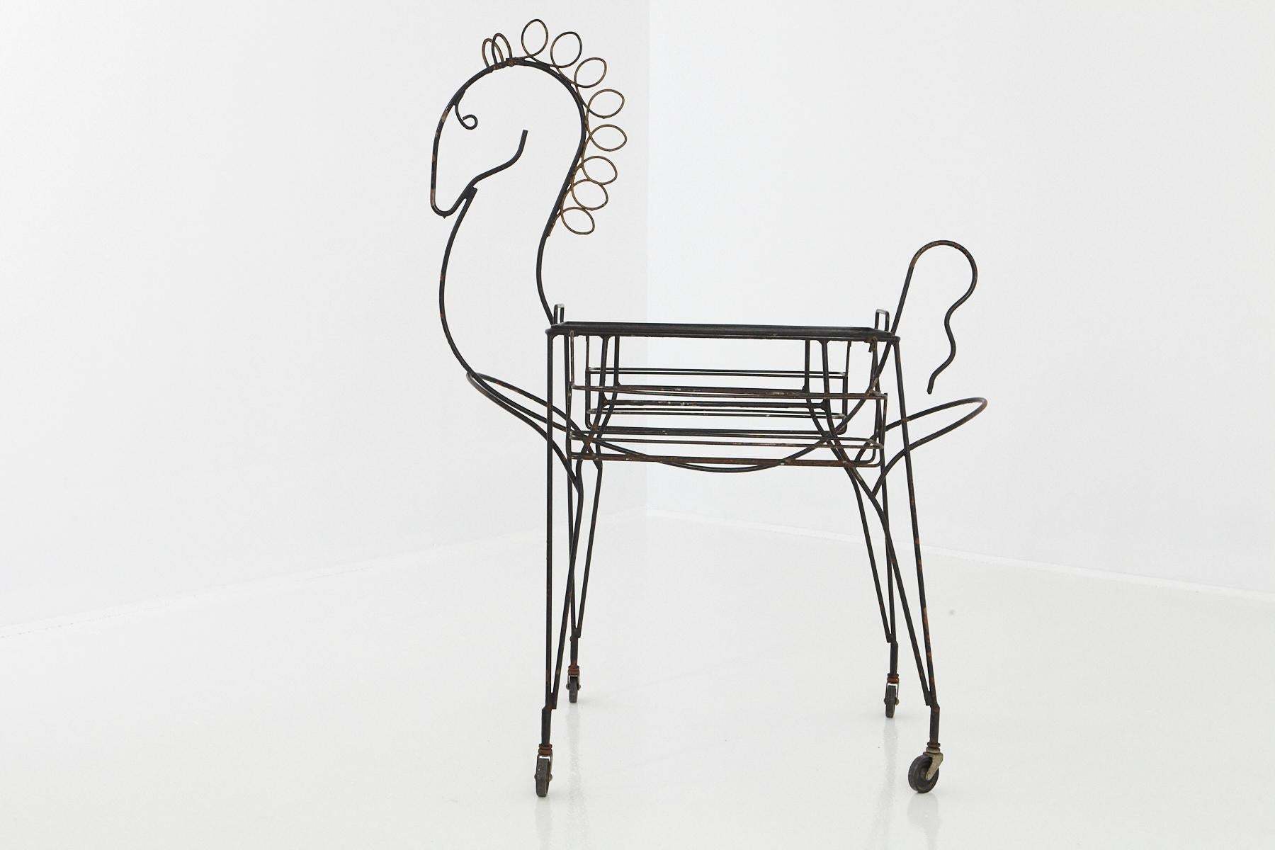 Mid-Century Modern John Risley Black Iron Horse Bar Cart with Bottle Holders and Removable Tray For Sale