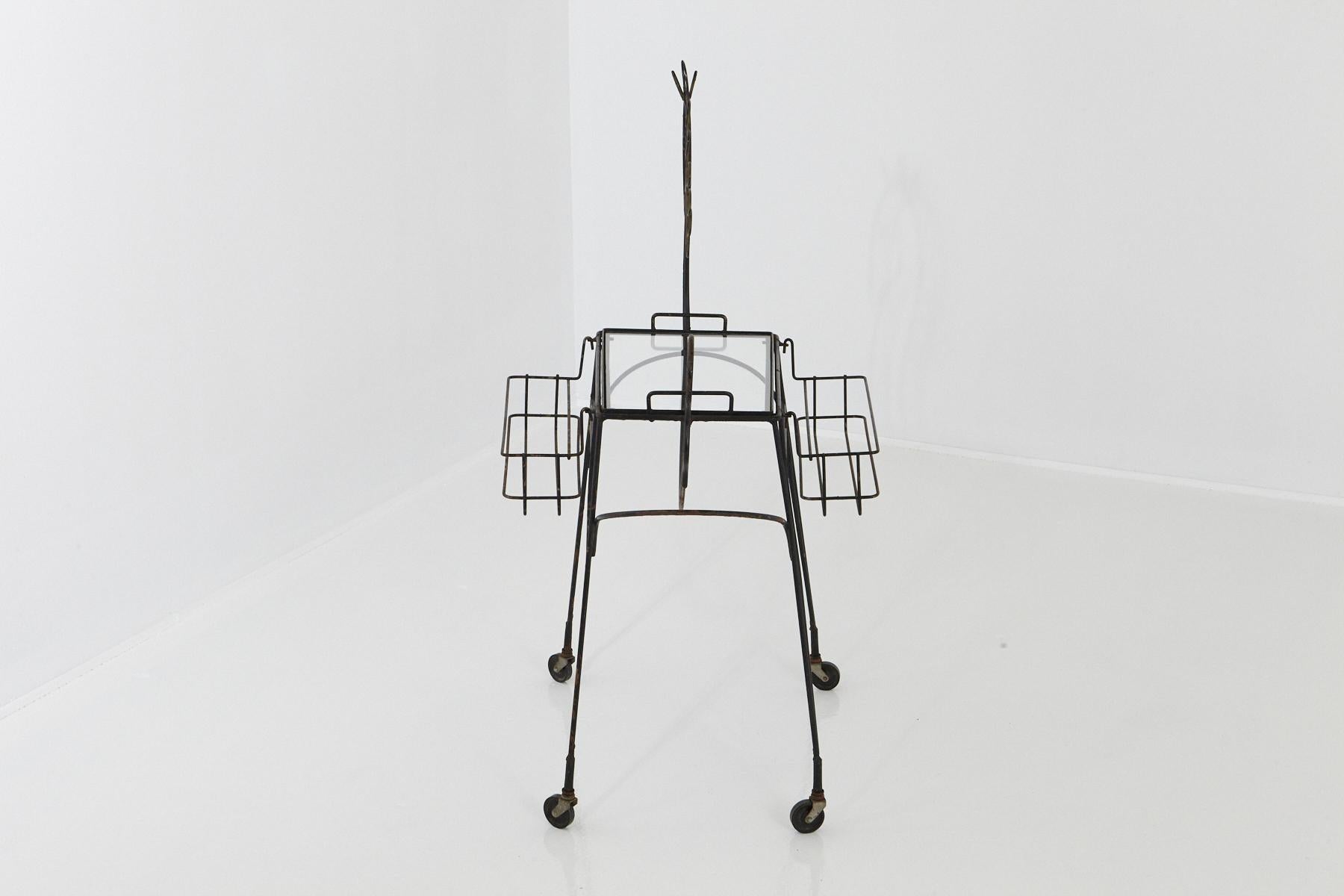 Mid-Century Modern John Risley Black Iron Horse Bar Cart with Bottle Holders and Removable Tray For Sale