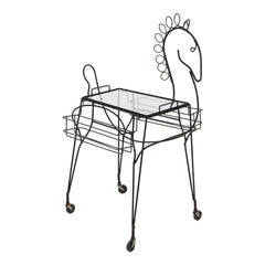 John Risley Black Iron Horse Bar Cart with Bottle Holders and Removable Tray