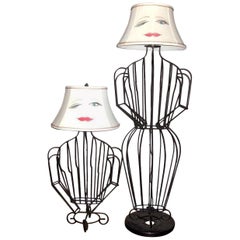 John Risley Black Steel Rod Sculptural Female Form Table Lamp and Floor Lamp Set