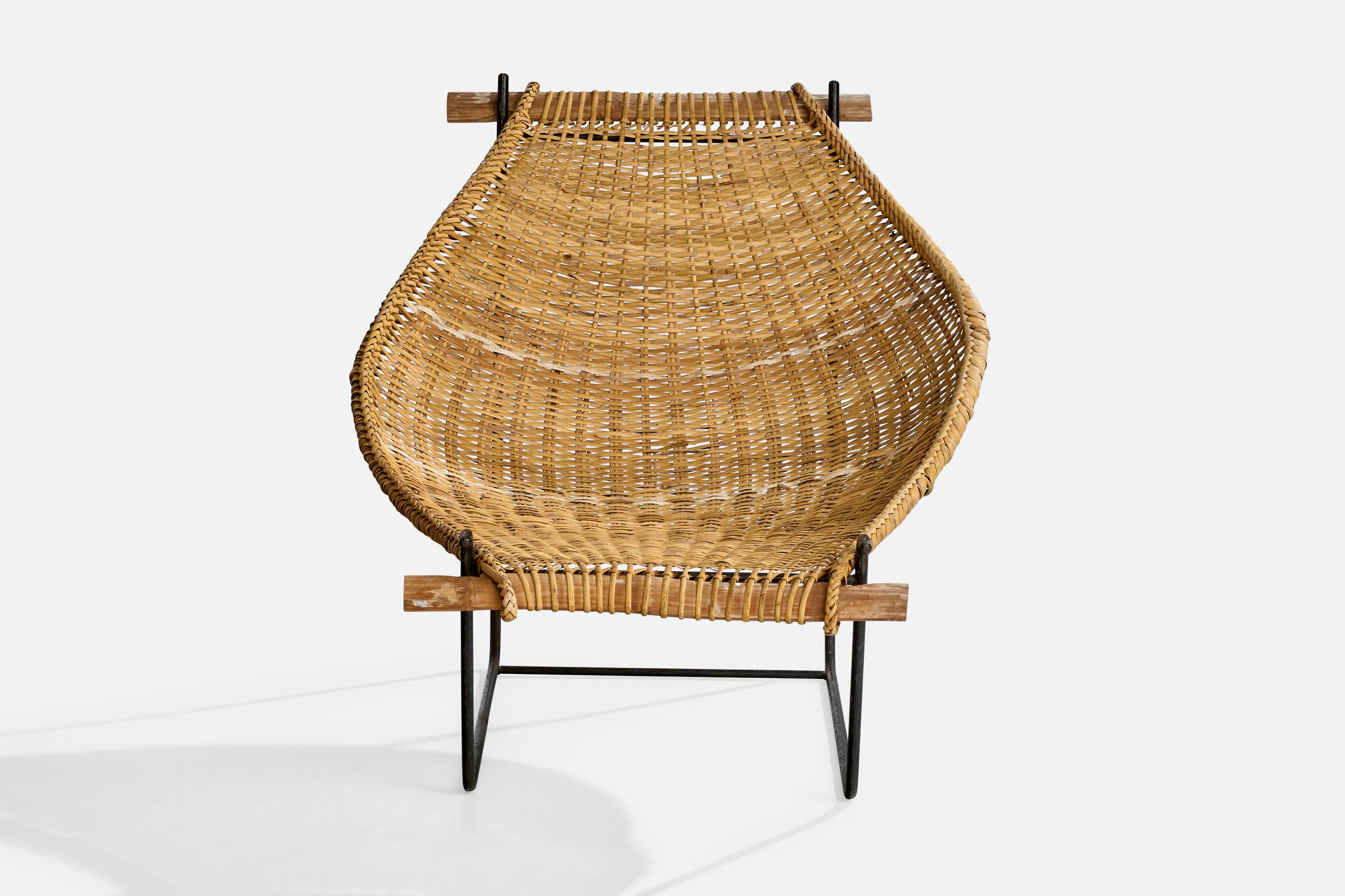 Mid-20th Century John Risley, Lounge Chair, Rattan, Iron, Wood, USA, 1950s For Sale