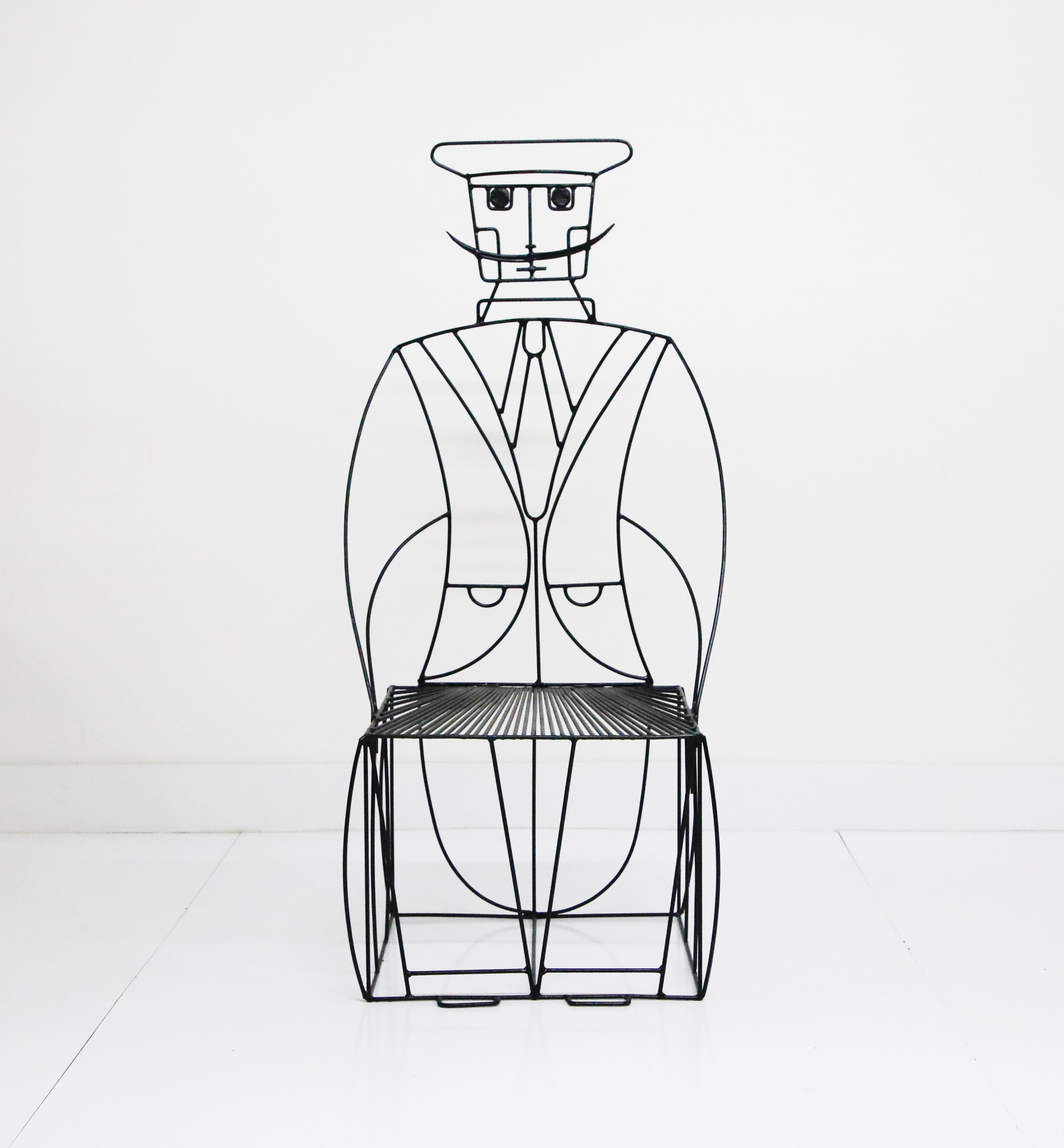 This incredible anthropomorphic 'Moustache Man' chair by John Risley (1919-2002) was crafted from iron then powder coated in black, during the 1960s in his Middletown Connecticut workshop. Can be used indoors or outdoors, this example is in