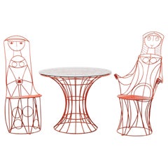 Conjunto escultórico de patio John Risley con dos sillas de señora y mesa tulipán de alambre Años 60