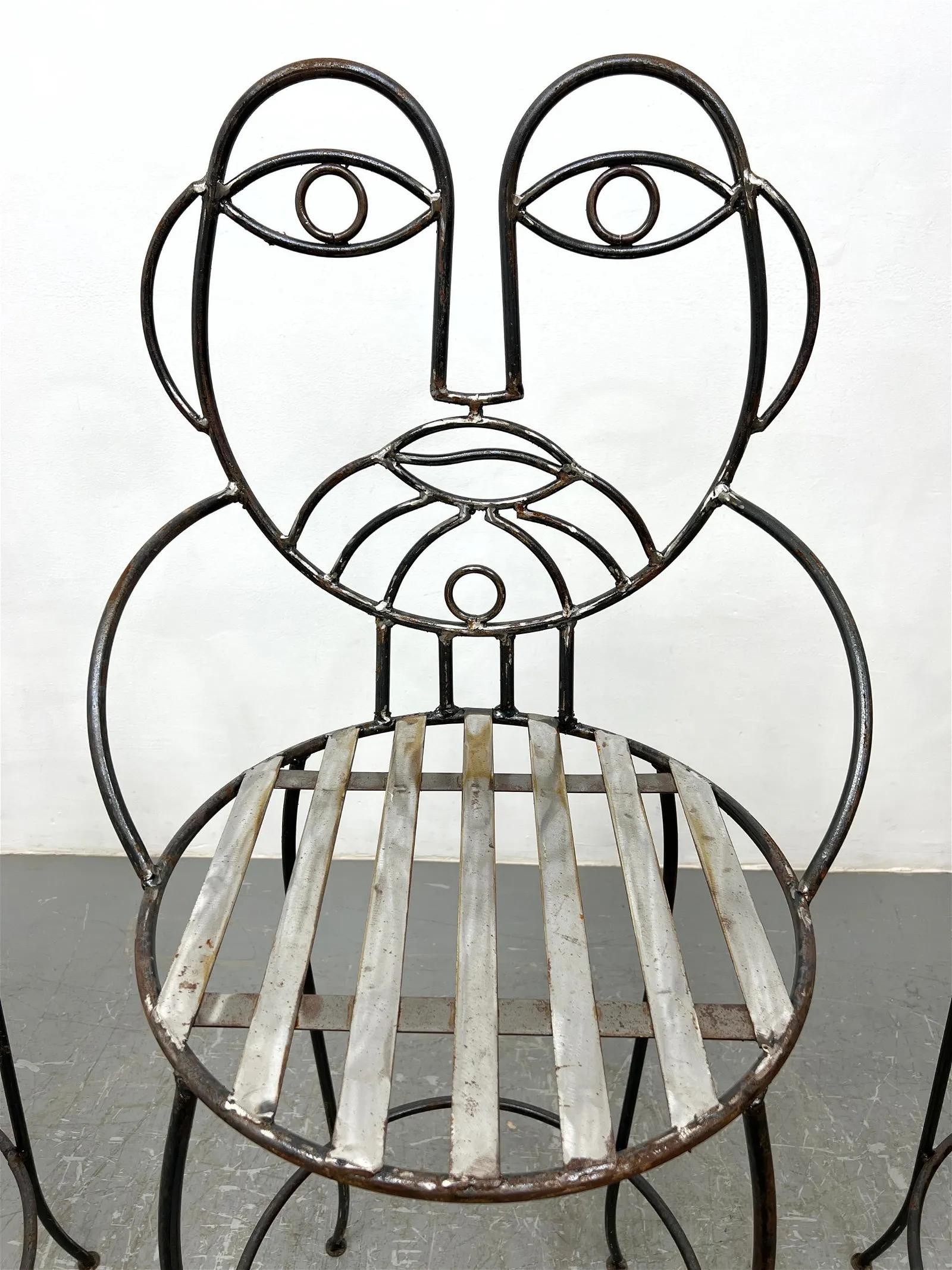 American John Risley Style Postmodern Wrought Iron Face Bar Stools - Set of 4 For Sale