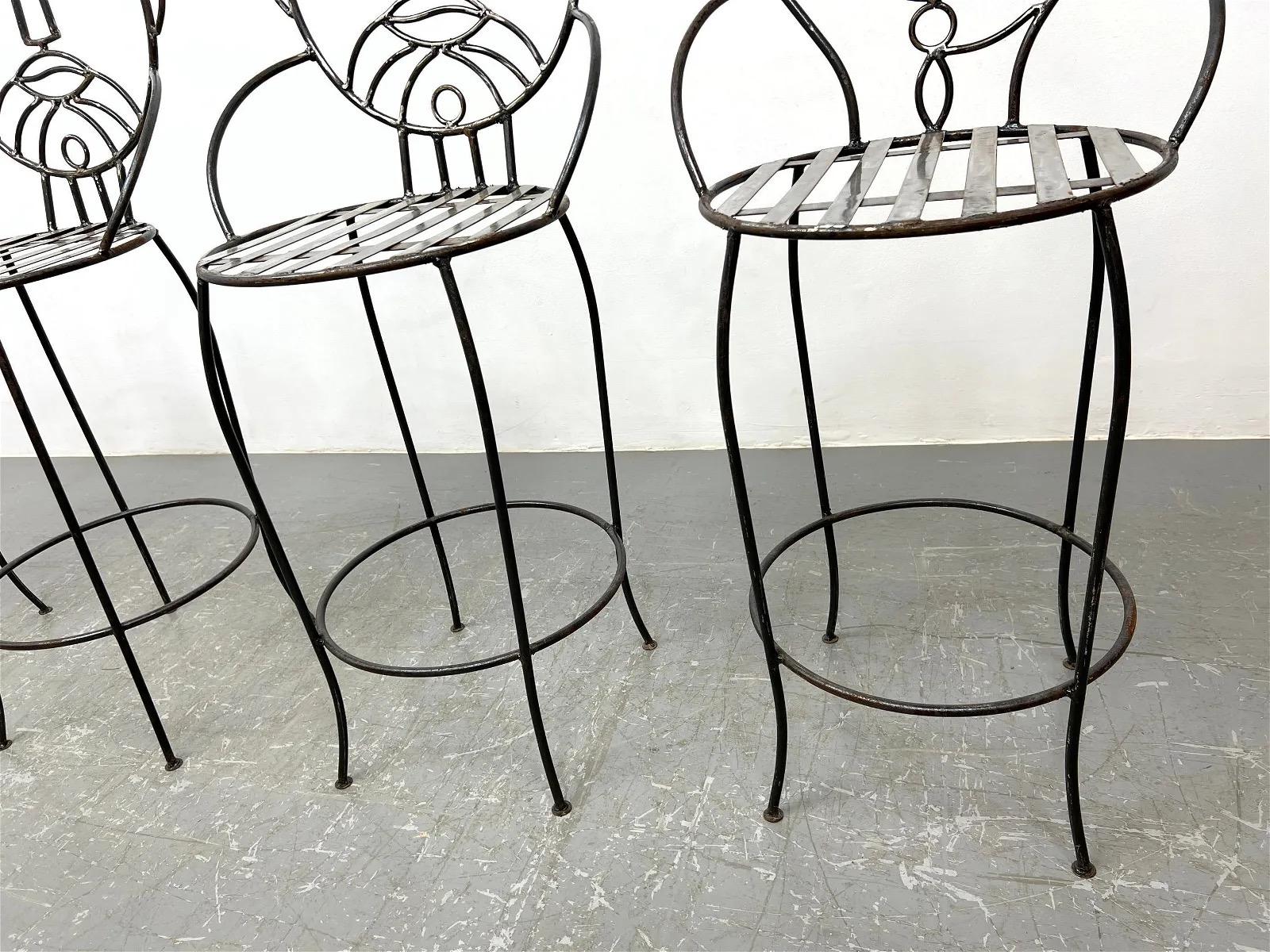 20th Century John Risley Style Postmodern Wrought Iron Face Bar Stools - Set of 4 For Sale
